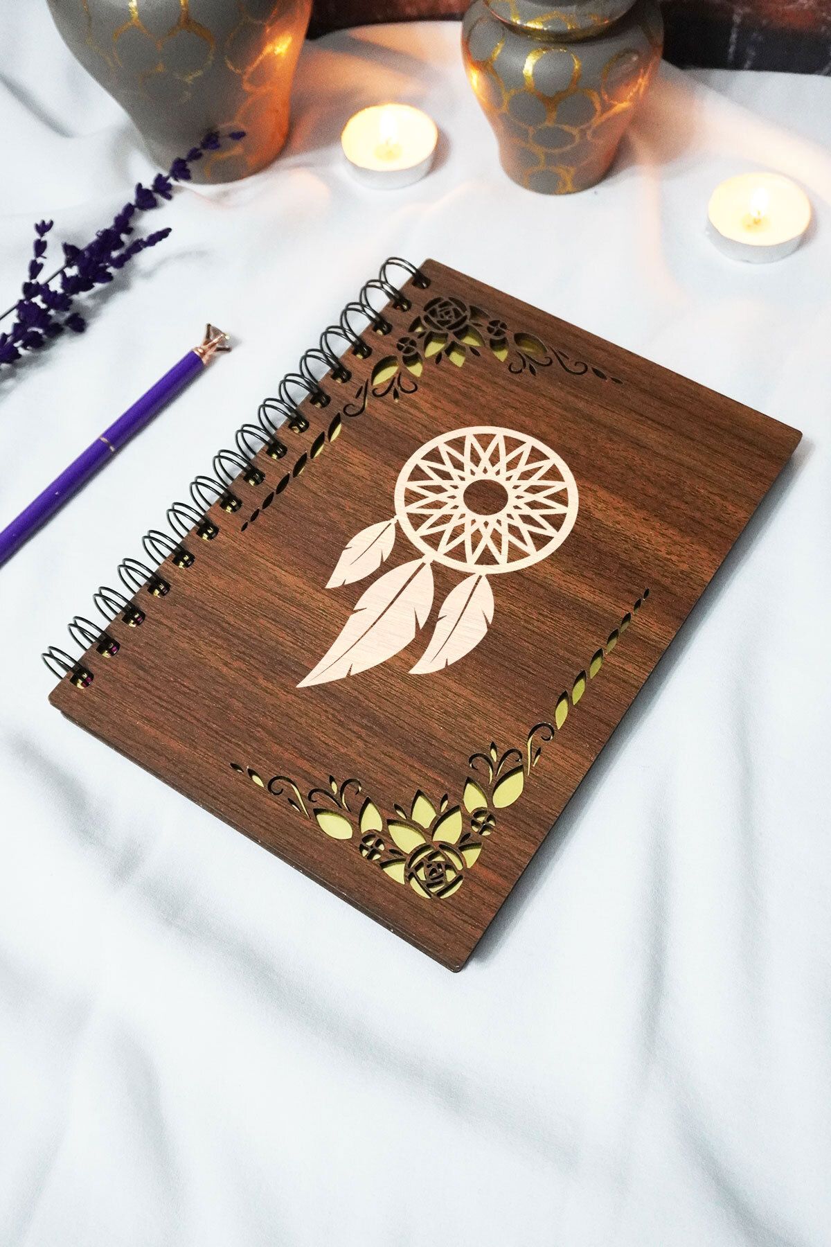 markcat Rüya Kapanı Ahşap Kapaklı Spiralli Defter - Çizgisiz Defter - 60 Yaprak (120 SAYFA) - A5 15x21 Cm