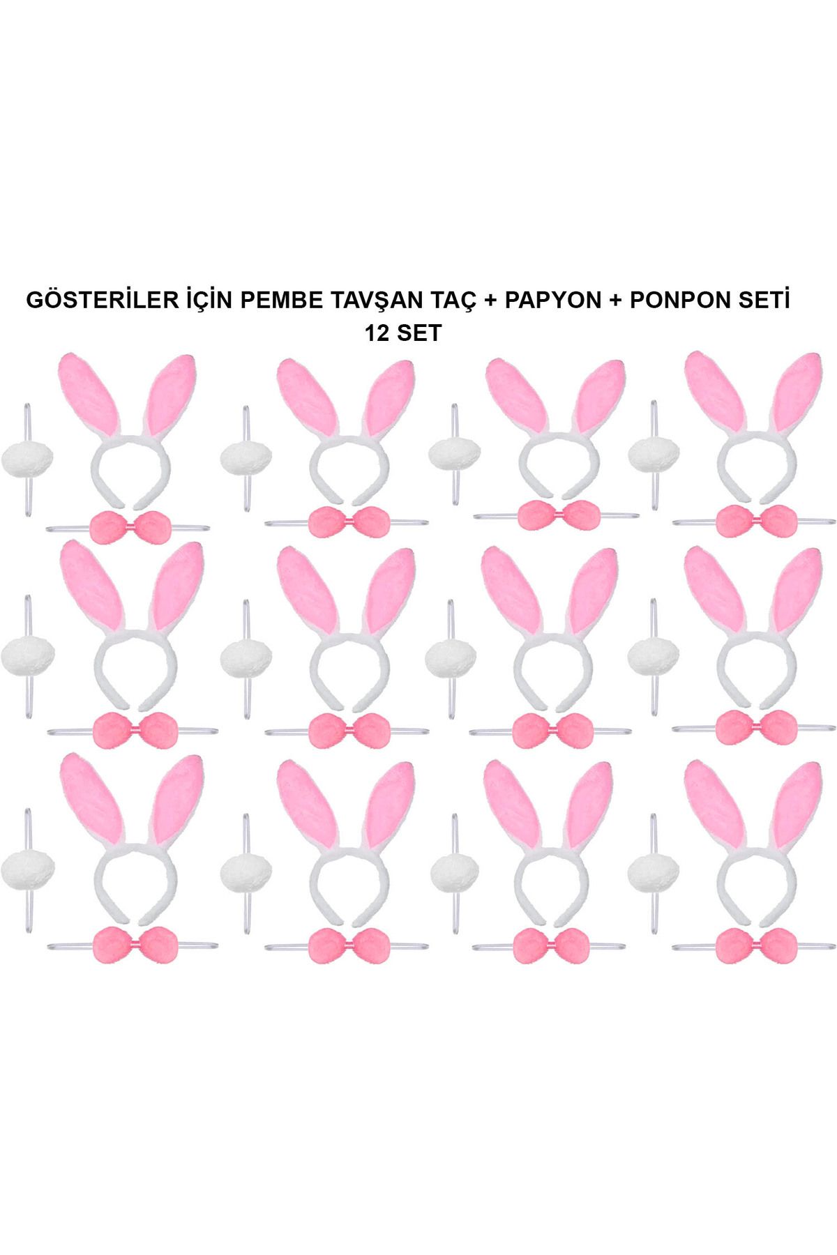 Serero Pembe Tavşan Kostüm Seti – Taç, Papyon, Ponpon (12’li Paket)