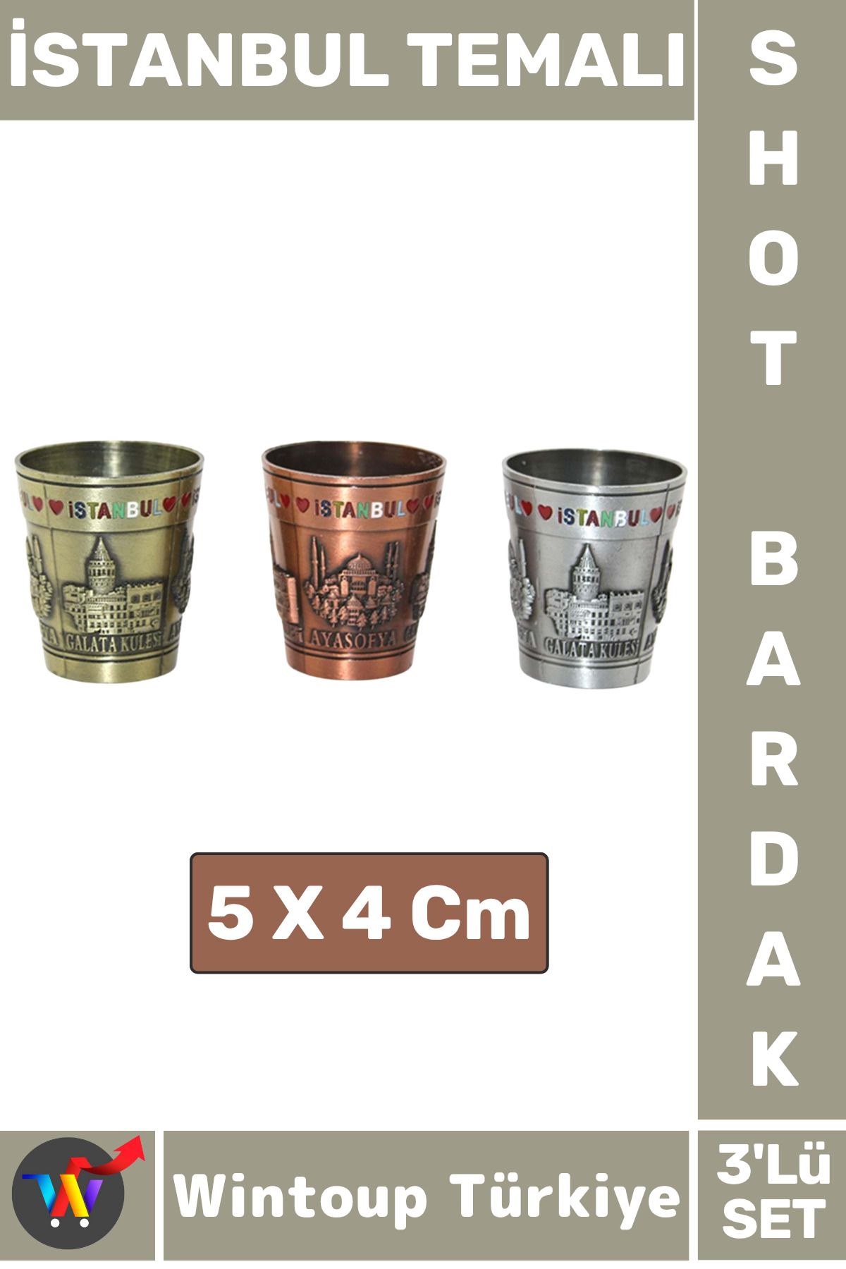 Wintoup Arkadaş Eğlence Yılbaşı Alkol Tekila Dekoratif Hediye İstanbul Tema 3'lü METAL SHOT BARDAK SETİ 5 Cm
