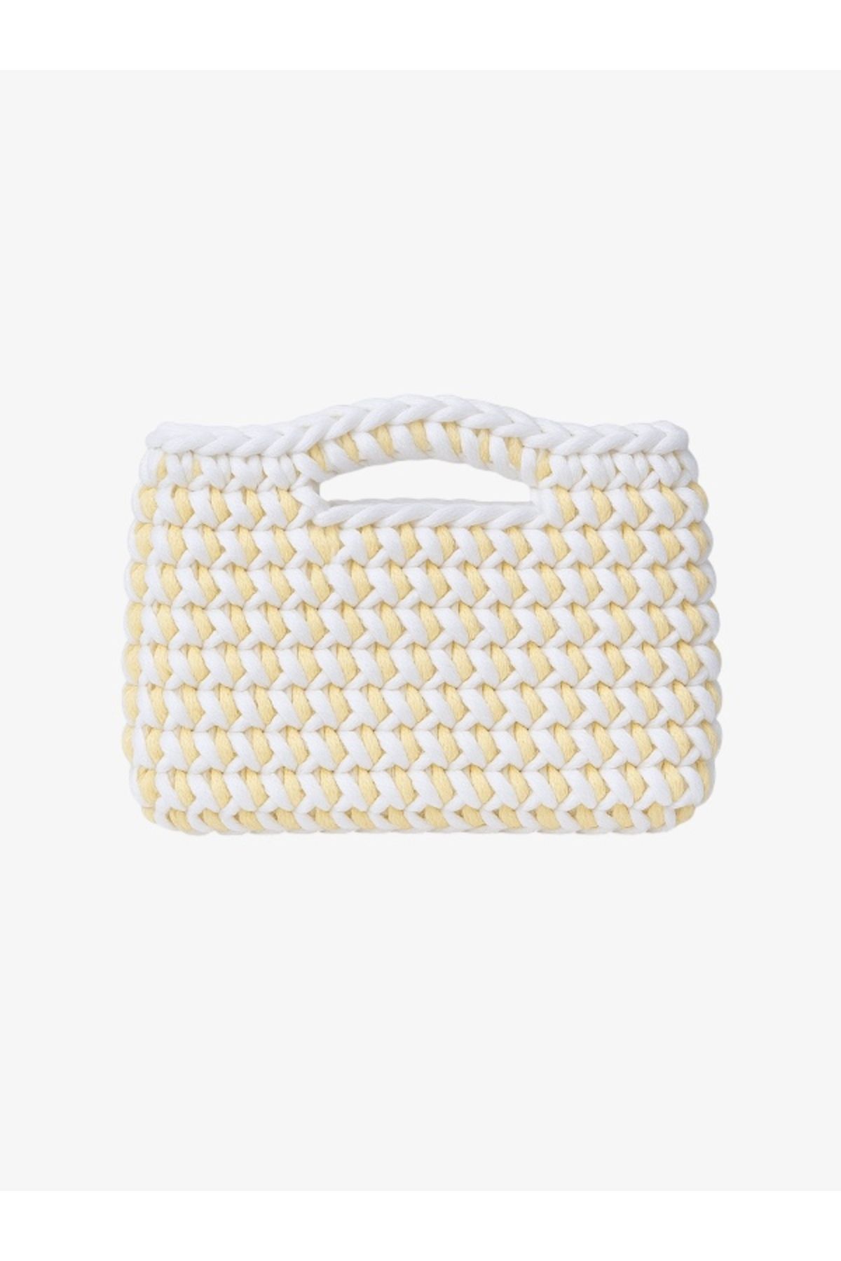 Qielle Penye İp Beyaz Sarı El Örmesi Clutch Çanta