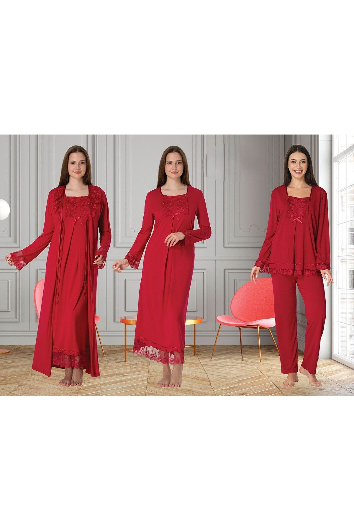 LOHOUSE Kadın Kırmızı Kol ve Yaka Dantelli Pamuklu Lohusa Hamile Gecelik-Sabahlık ve Pijama Takım 4'lü Set
