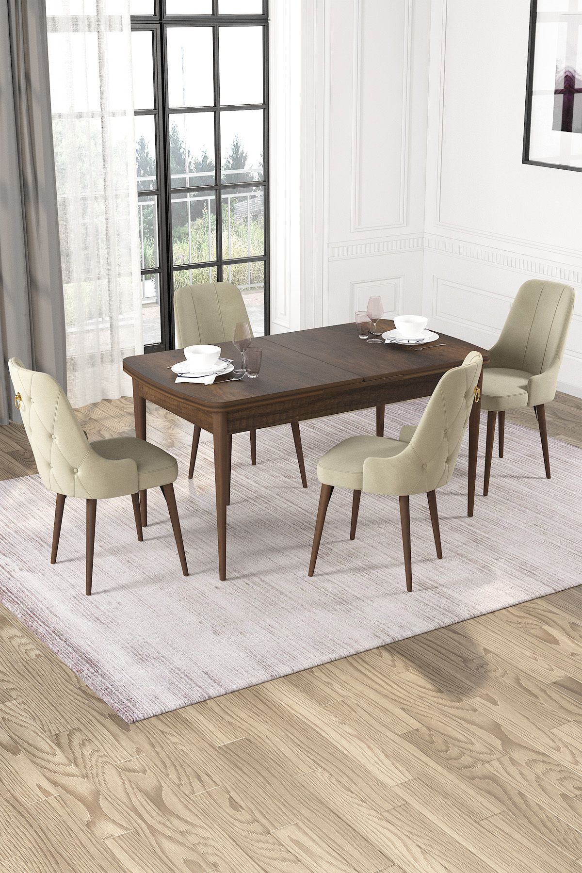 Hira Wessa Serisi 80x132 Açılabilir MDf Barok Ahşap Desen Masa Takımı 4 Krem Sandalye