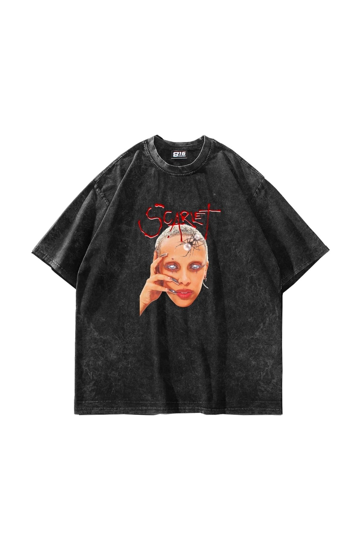 Sekizbiraltı Scarlet Doja Cat Baskılı Oversize Unisex Yıkamalı Siyah Tshirt