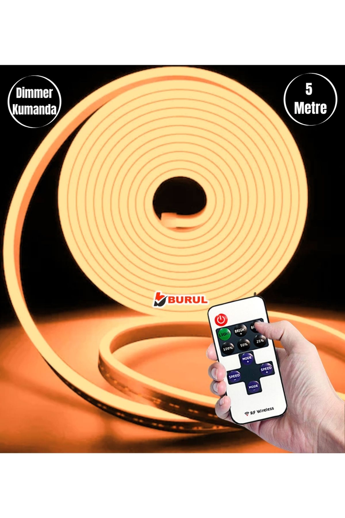 burul SB-6537 5 Metre Amber Işık Esnek Neon Led Şerit Dimmer Kumandalı Dekoratif Aydınlatma Seti