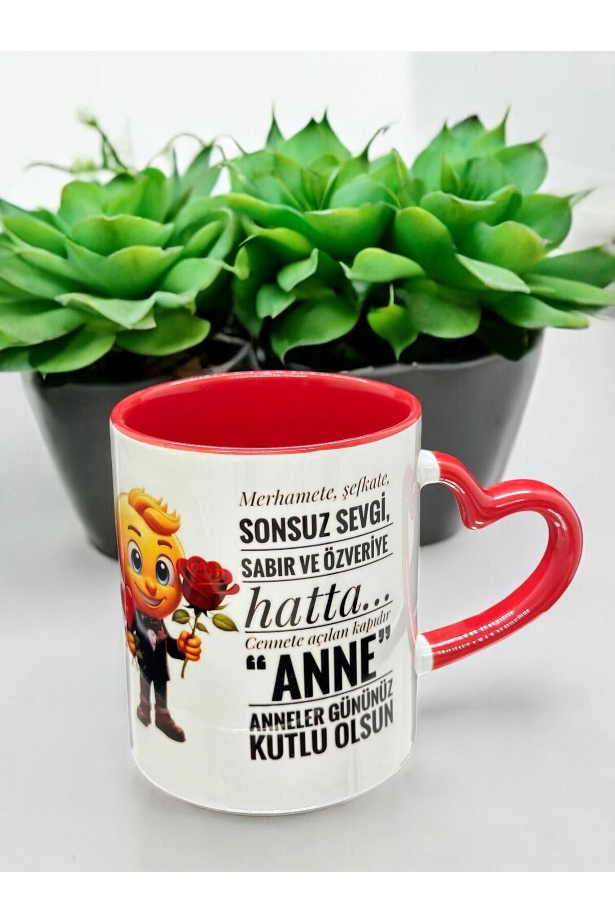 Marblestone Kırmızı Kalp Kulplu Anneler Günü Hediye Kupa