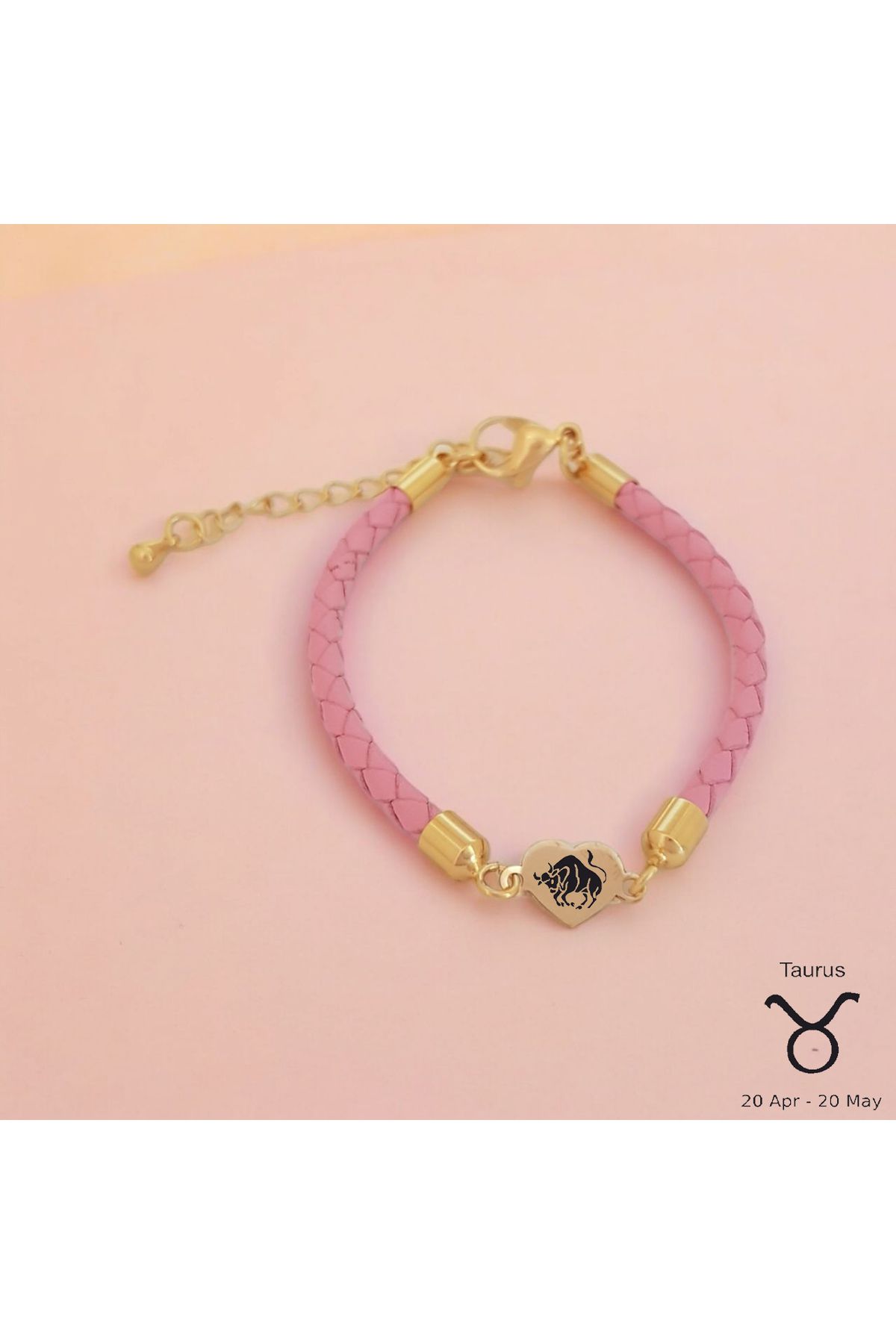 ARCHINO GOLD Boğa Burçları İçin Hakiki Derili Kalp Motifli 14 Ayar Altın Plakalı Hediye Bileklik-473burç-pembe