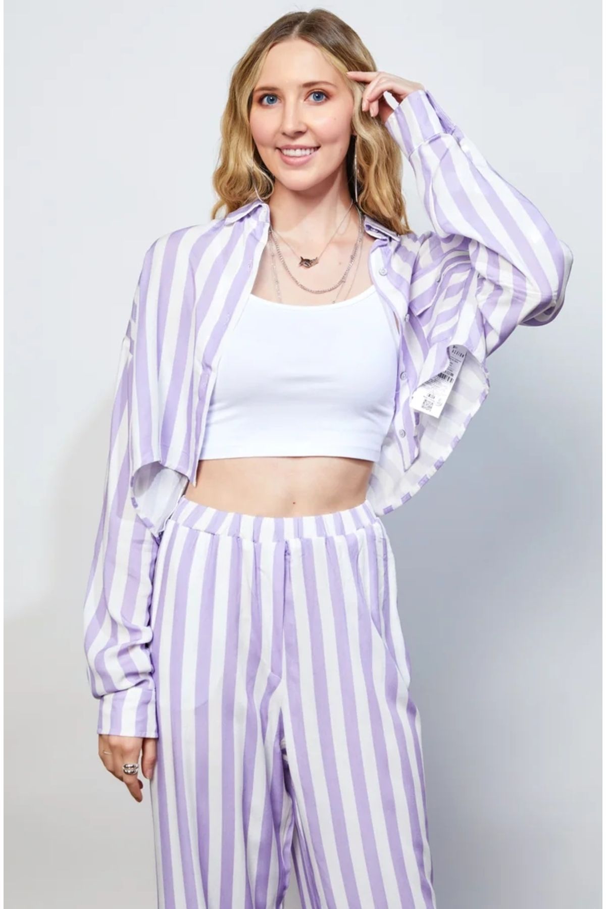 EUROFASHION Lila Çizgili Crop Gömlek 3'lü Set Takım