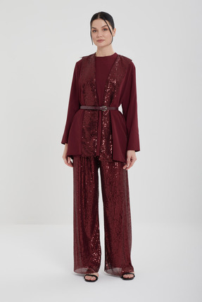 Jupe Kemer Detaylı Işıltılı Payet Granili Krep İkili Takım 8542