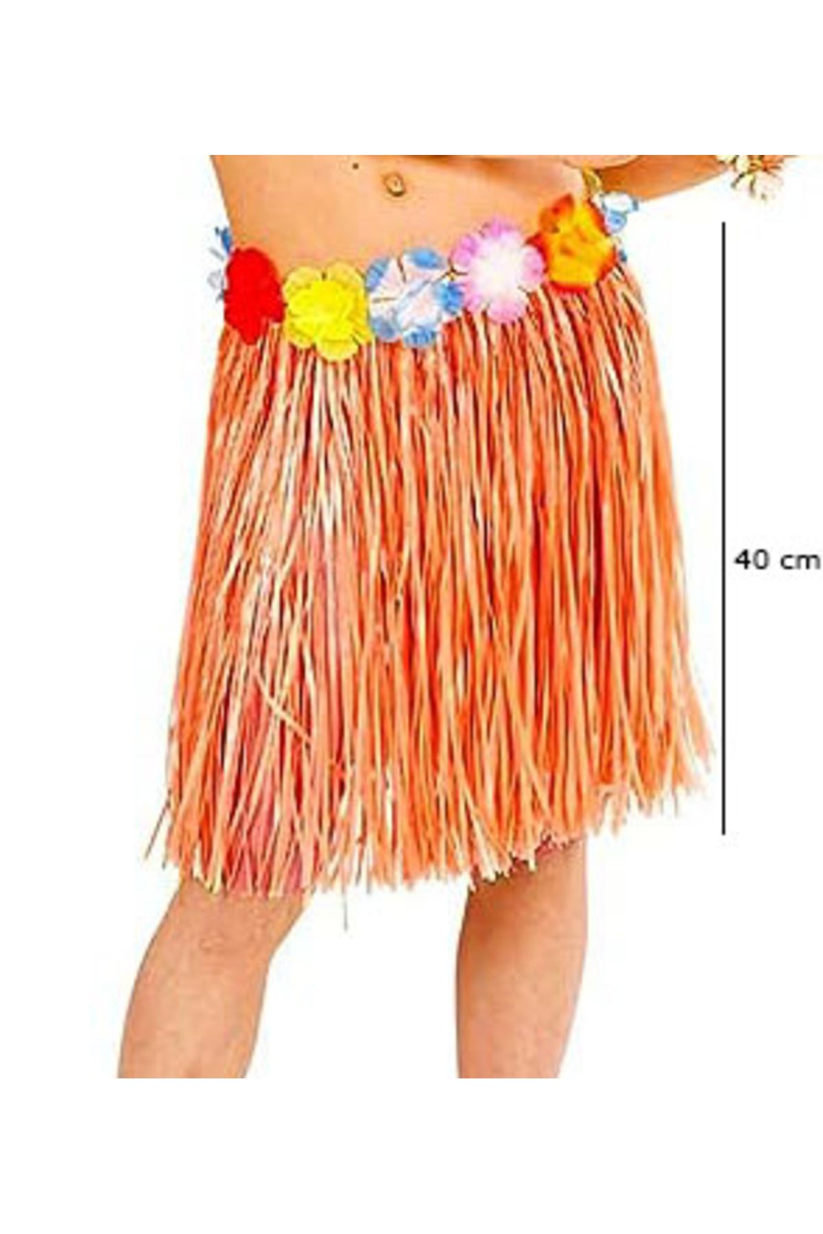 Serero Yetişkin ve Çocuk Uyumlu Turuncu Renk Püsküllü Hawaii Luau Hula Etek 40 cm
