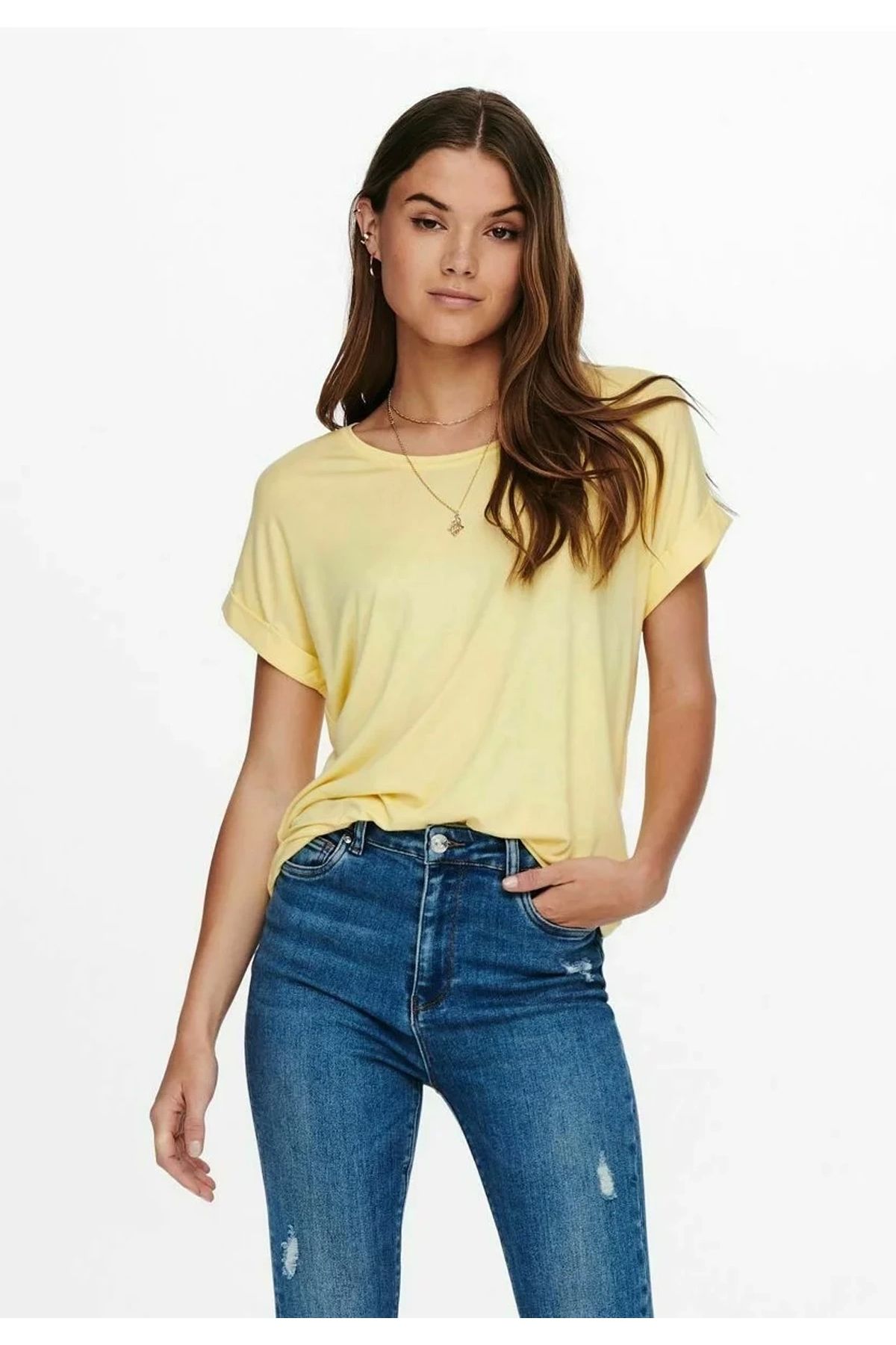 ONLY 15106662 Genis Yaka Kol Katlamali Kadin Body - Sari