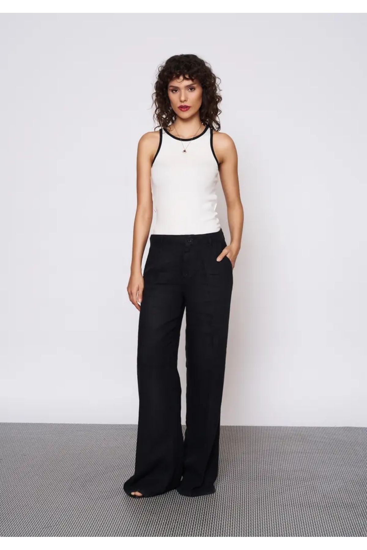 EUROFASHION Kemerli İspanyol Siyah Keten Pantolon