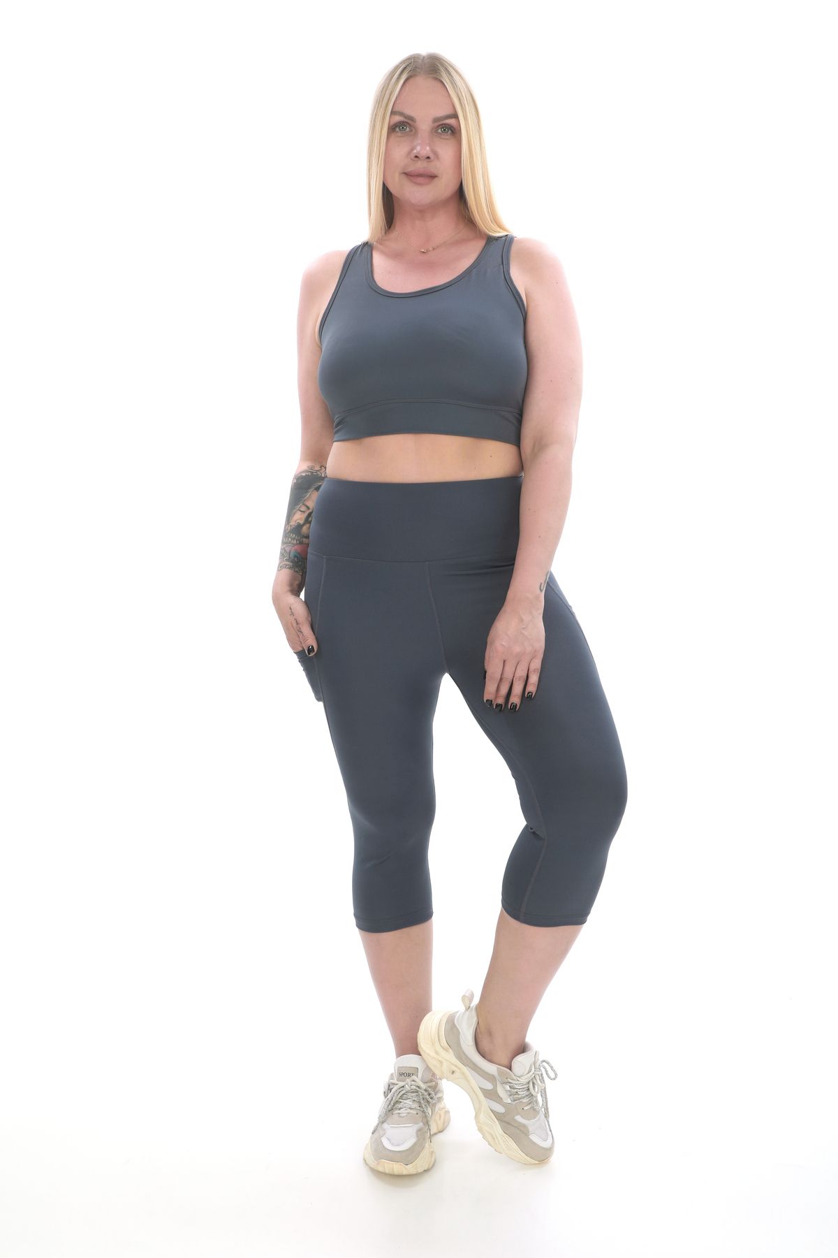 BANEGA-Curve Women's Plus Size Gathering Double Pocket Anthracite Capri Leggings with Pad Crop Double Suit 6