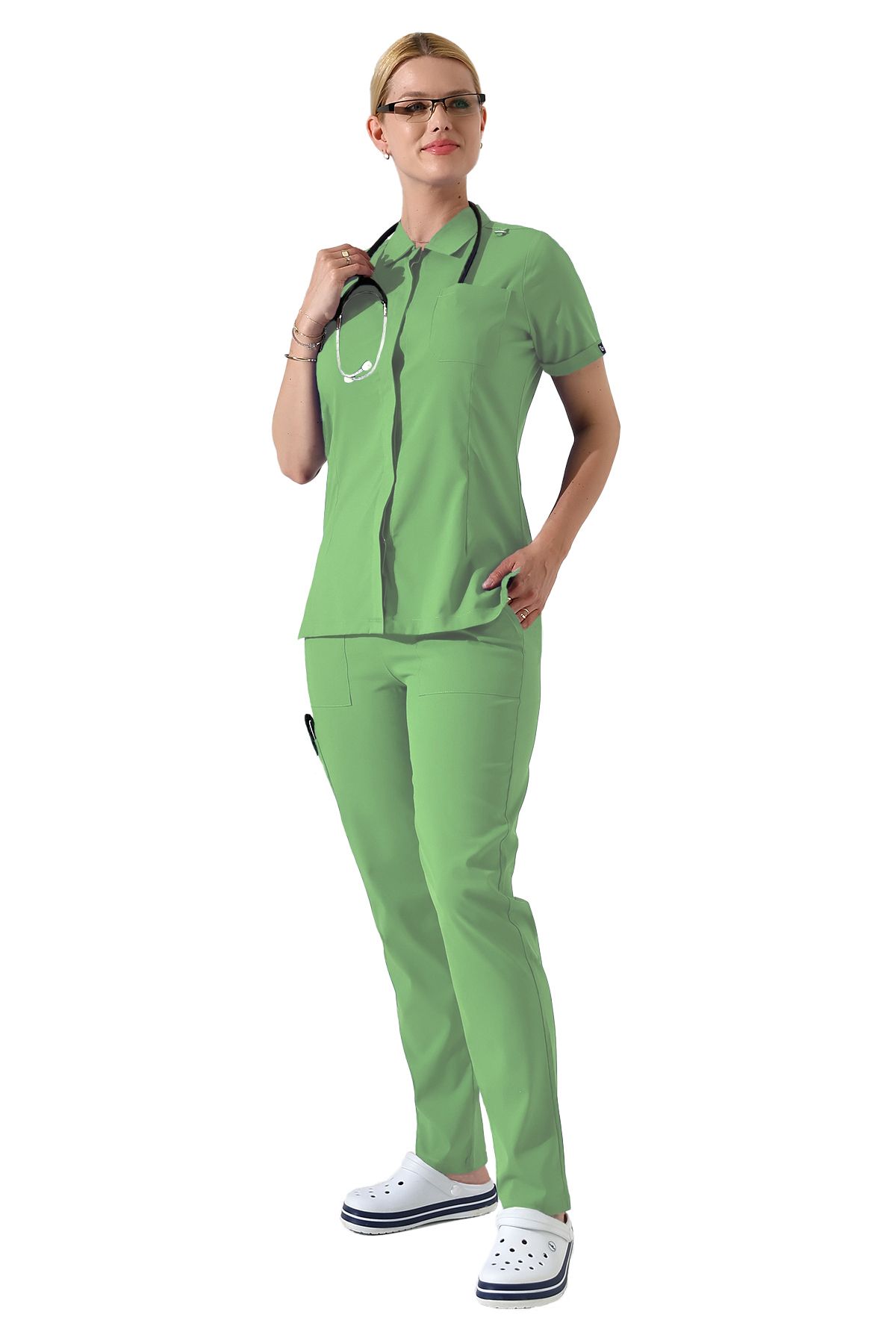 BEDUCA Mint Yeşili Likralı Polo Yaka Çıtçıtlı Scrubs Takımı, Estetisyen Ve Güzellik Merkezi Kıyafeti