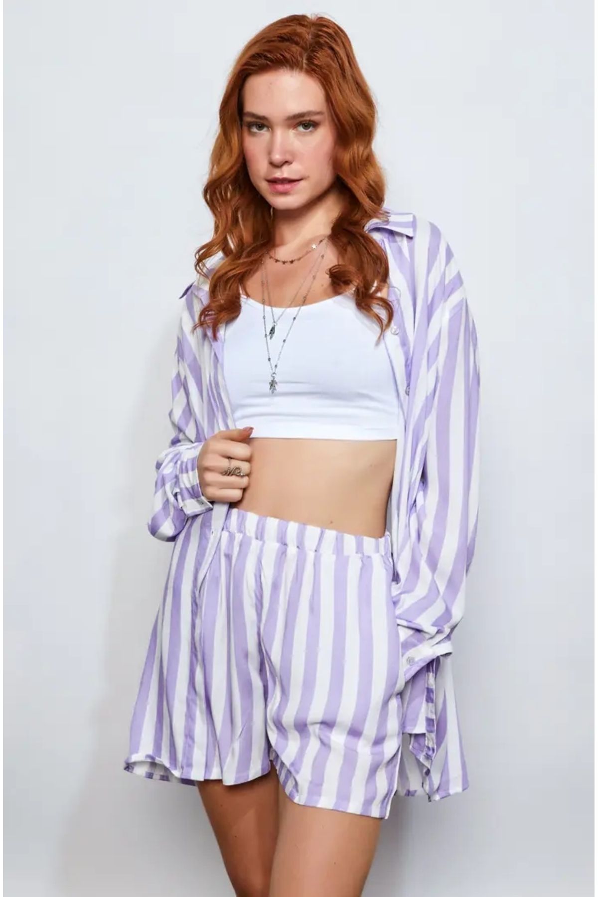 EUROFASHION Lila Çizgili Gömlek Şort 3'lü Set Takım