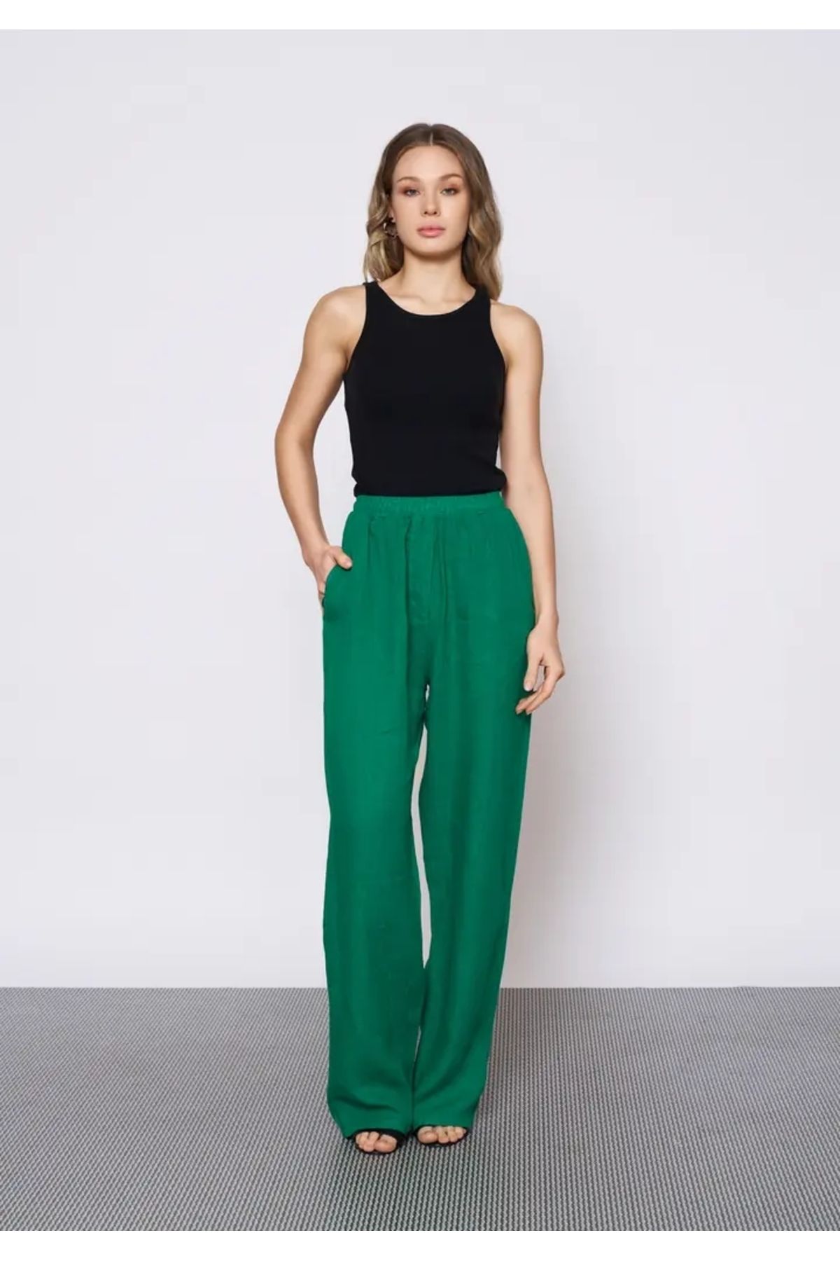 EUROFASHION Yeşil Beli Lastikli Keten Pantolon