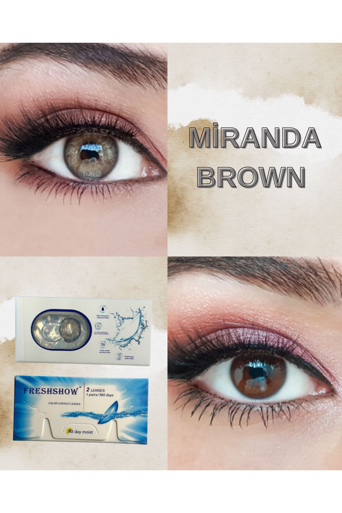 RABIR Miranda Brown Ela Yıllık Kirpik Lens Solüsyonu ve Lens Kabı