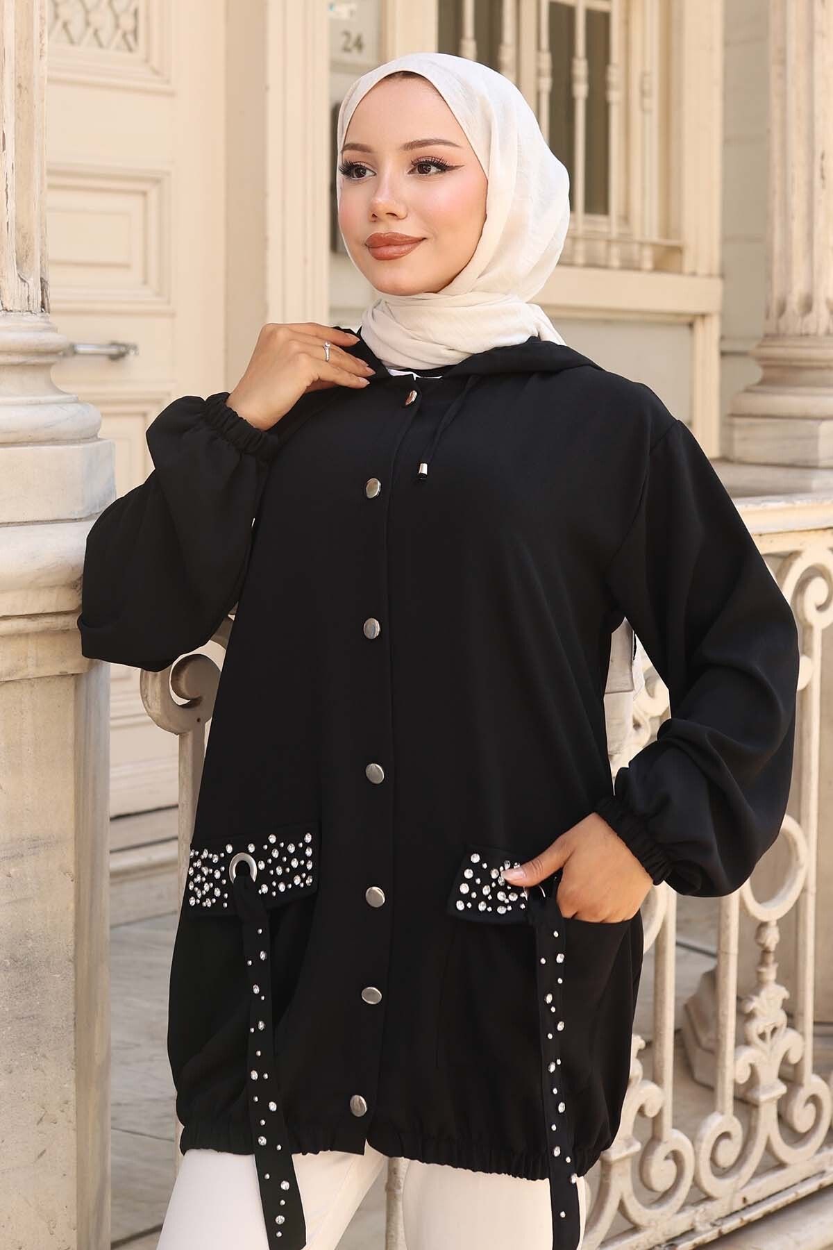 benguen-Buttoned Short Cap with Stone Detail on Pockets Black 3241 4