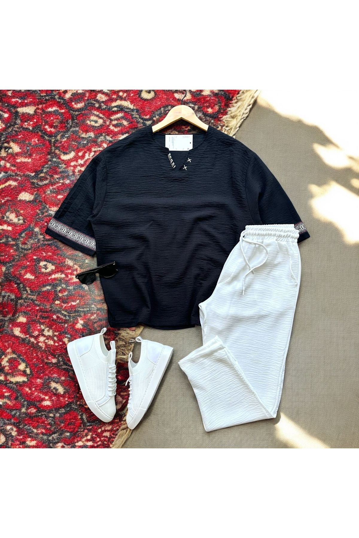 tiggirmoda Oversize Düşük Kol Keten Tişört ve Baggy Pantolon Kombin