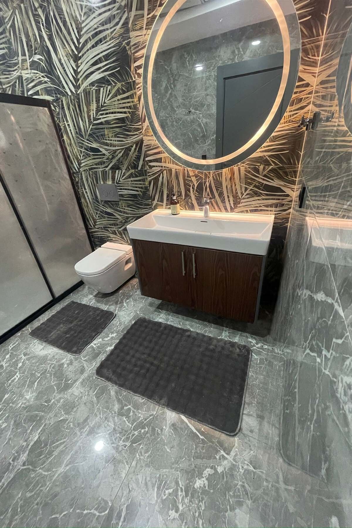 tropikal home Modern Bubble Yıkanabilir Kaymaz Peluş Banyo Paspası Halısı 2'li Klozet Takımı 60x100 ve 50x60