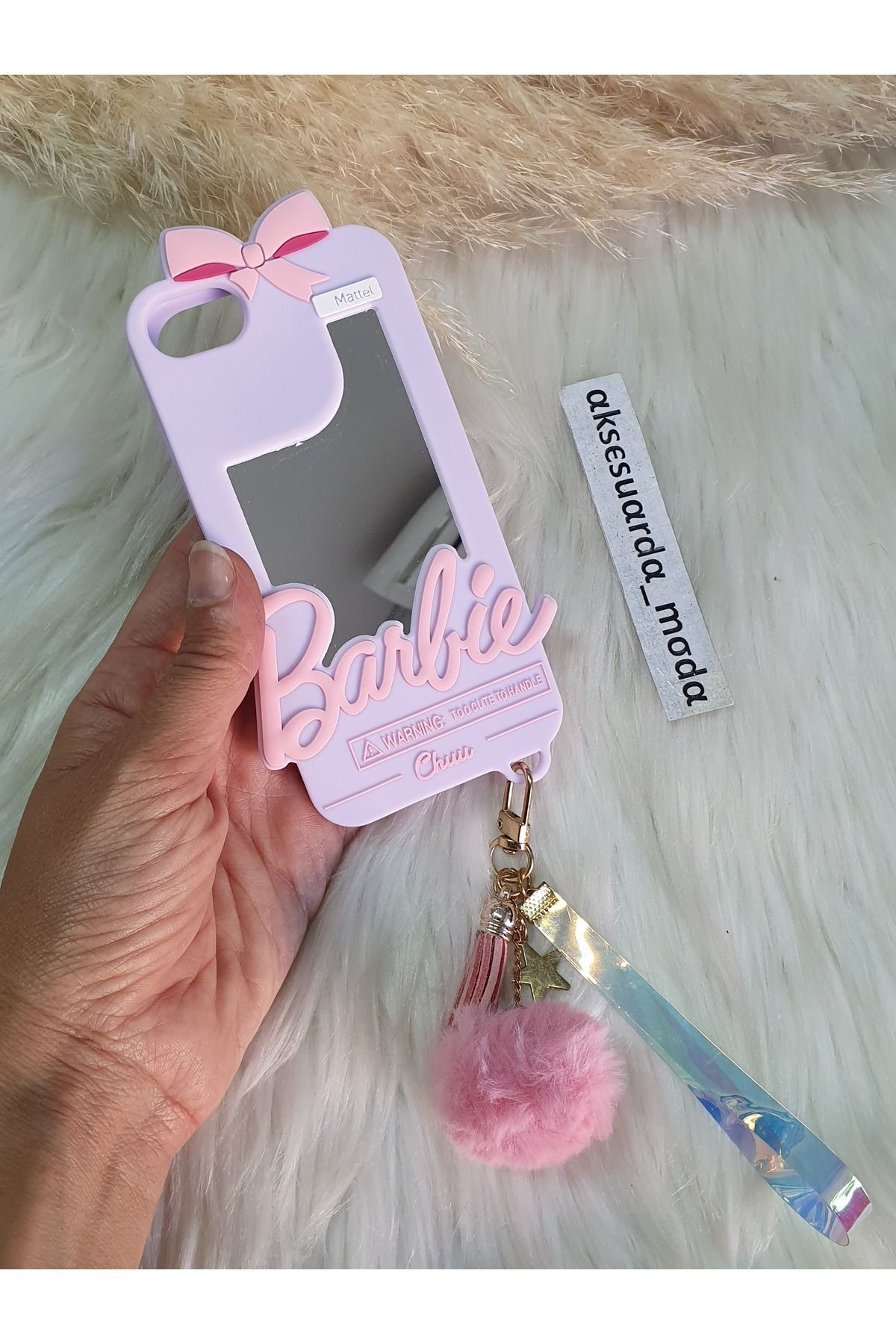 ZB Aksesuarda Moda iPhone 7 - 8 - SE Uyumlu Aynalı Ponponlu Barbi Silikon Kılıf