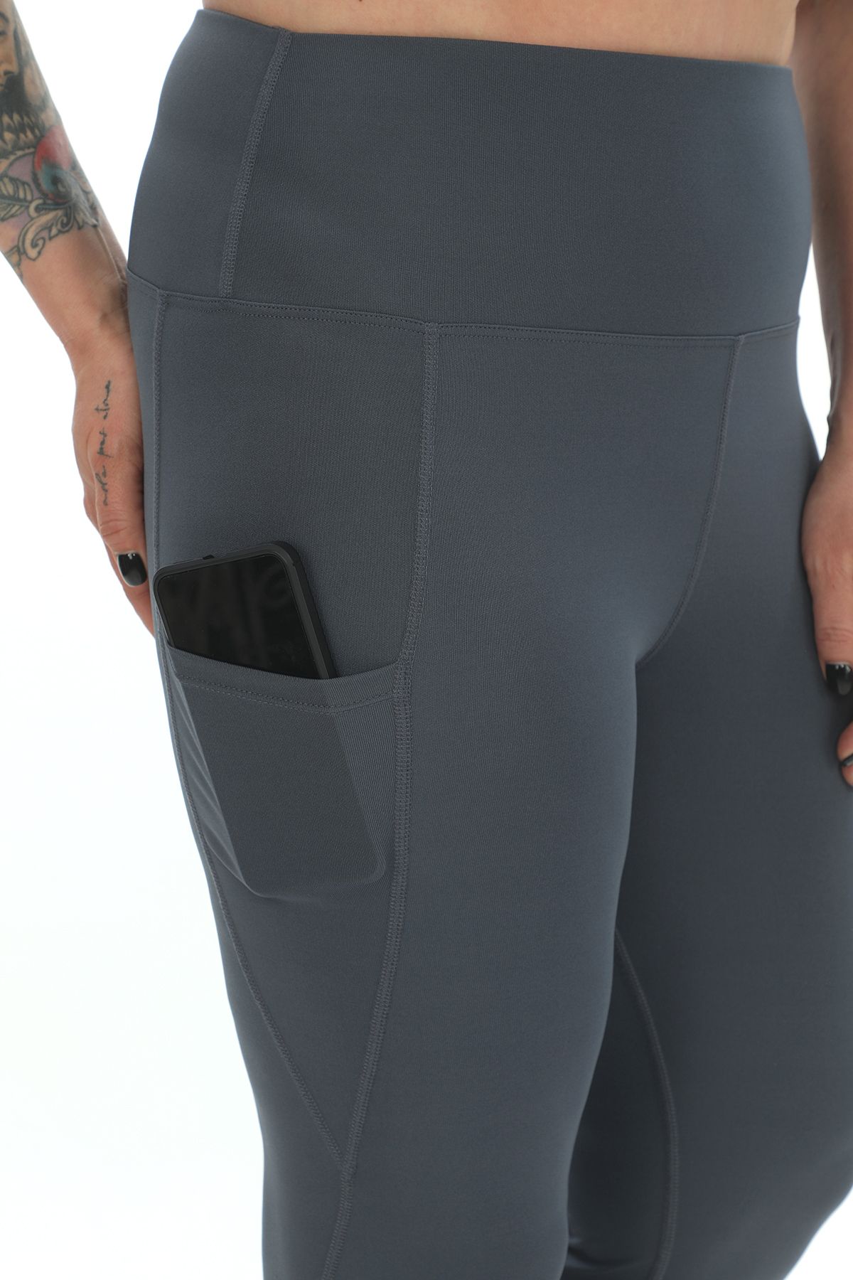 BANEGA-Curve Women's Plus Size Gathering Double Pocket Anthracite Capri Leggings with Pad Crop Double Suit 2
