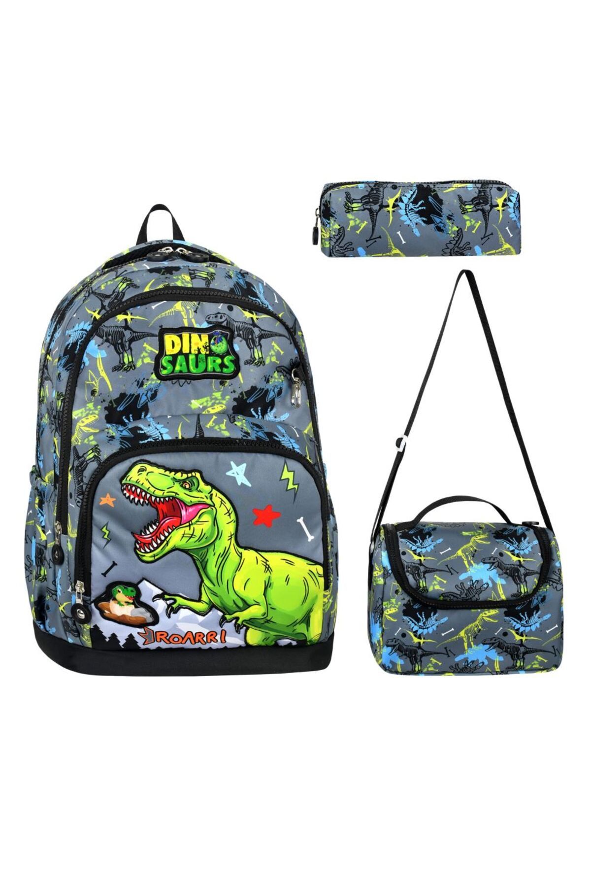 great bags Dinozor Yeşil Üçlü Erkek Çocuk İlkokul Okul Çantası Seti (ÇANTA +TERMAL BESLENME +KALEMLİK)