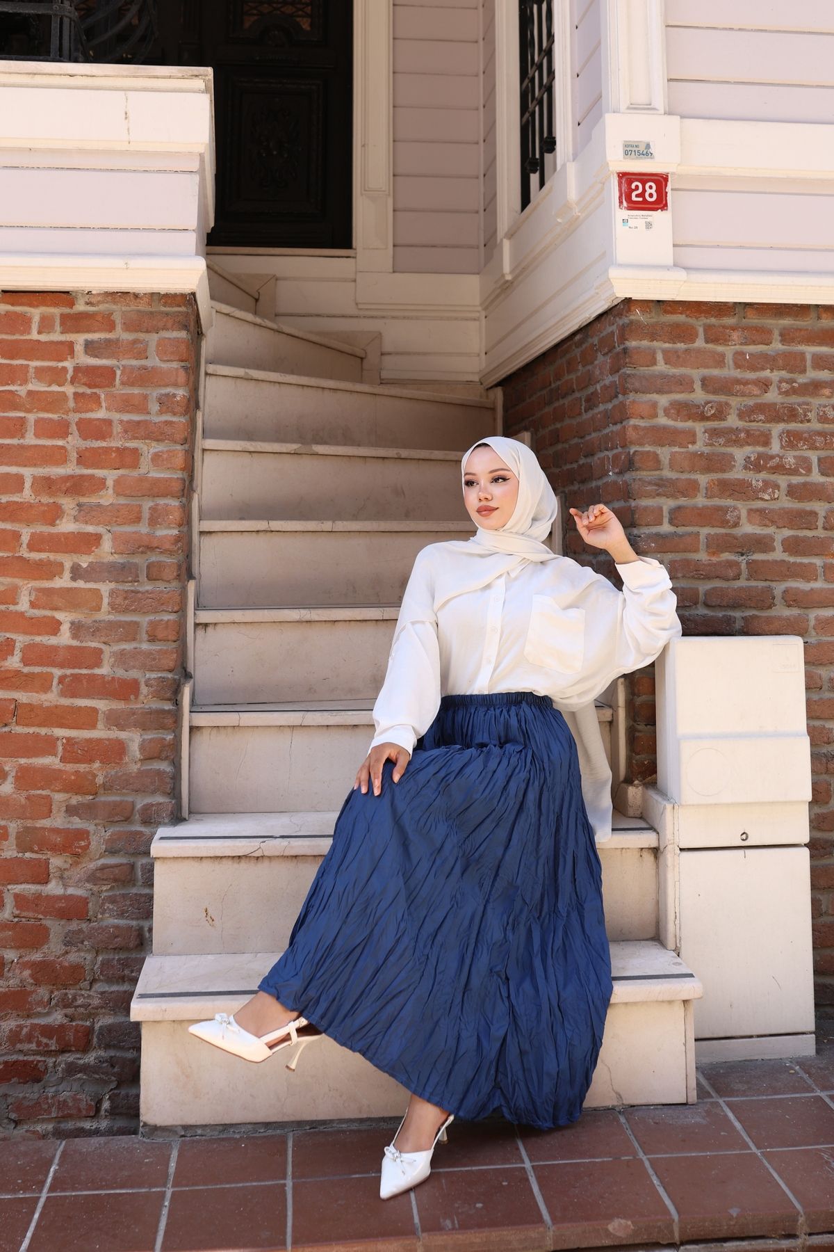 Nevayla Moda Beli Lastikli Kırışık Kraş Etek - Mavi / A0101
