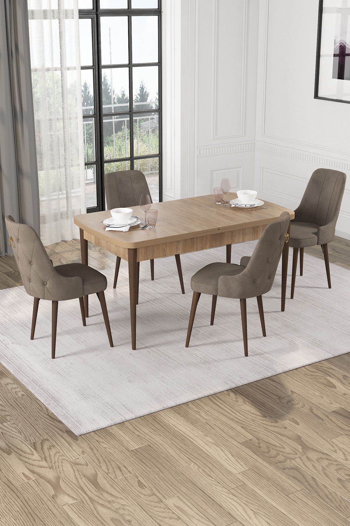 Hira Wessa Serisi 80x132 Açılabilir MDf Meşe Masa Takımı 4 Cappucino Sandalye Kahve Ayak
