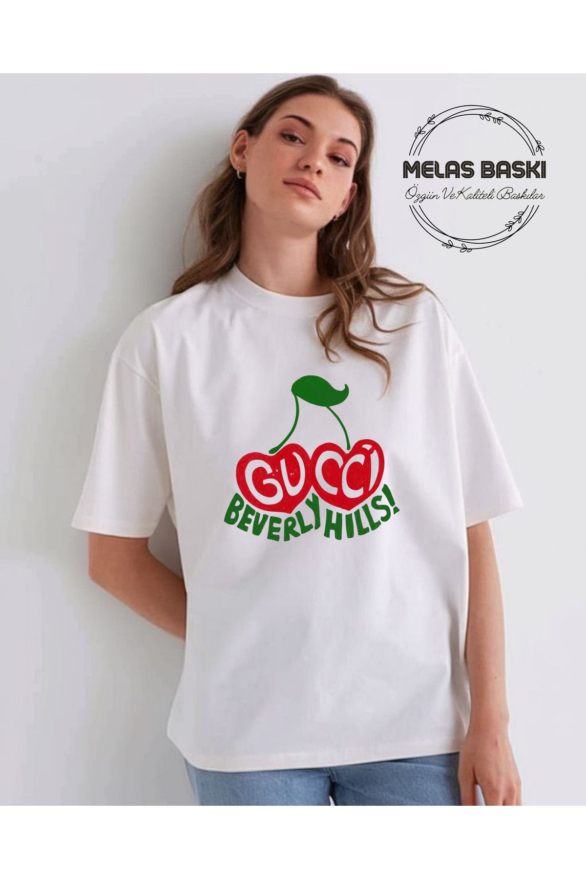 MELAS BASKI Pamuklu Baskılı Oversize Beyaz Tshirt