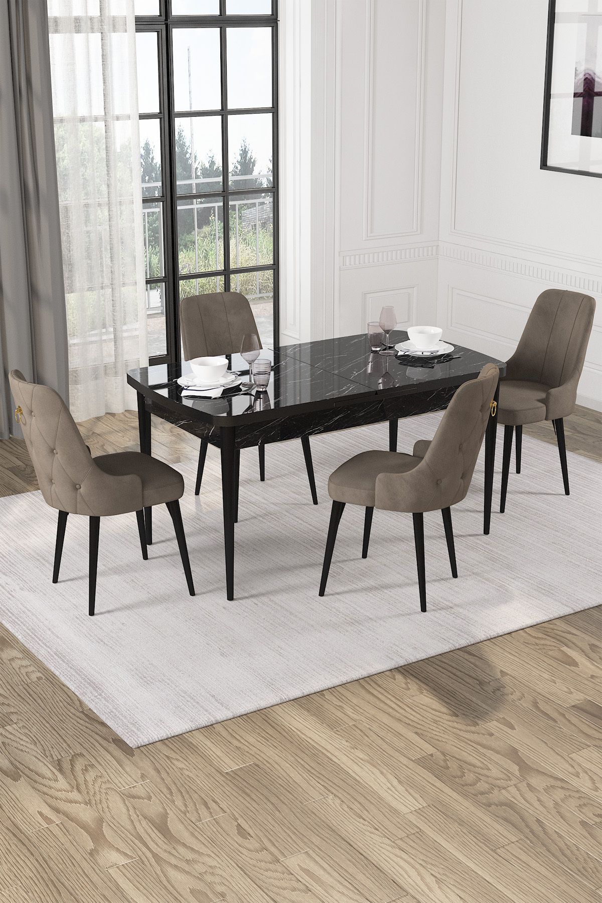 Hira Wessa Serisi 80x132 Açılabilir MDf Siyah Mermer Desen Masa Takımı 4 Cappucino Sandalye