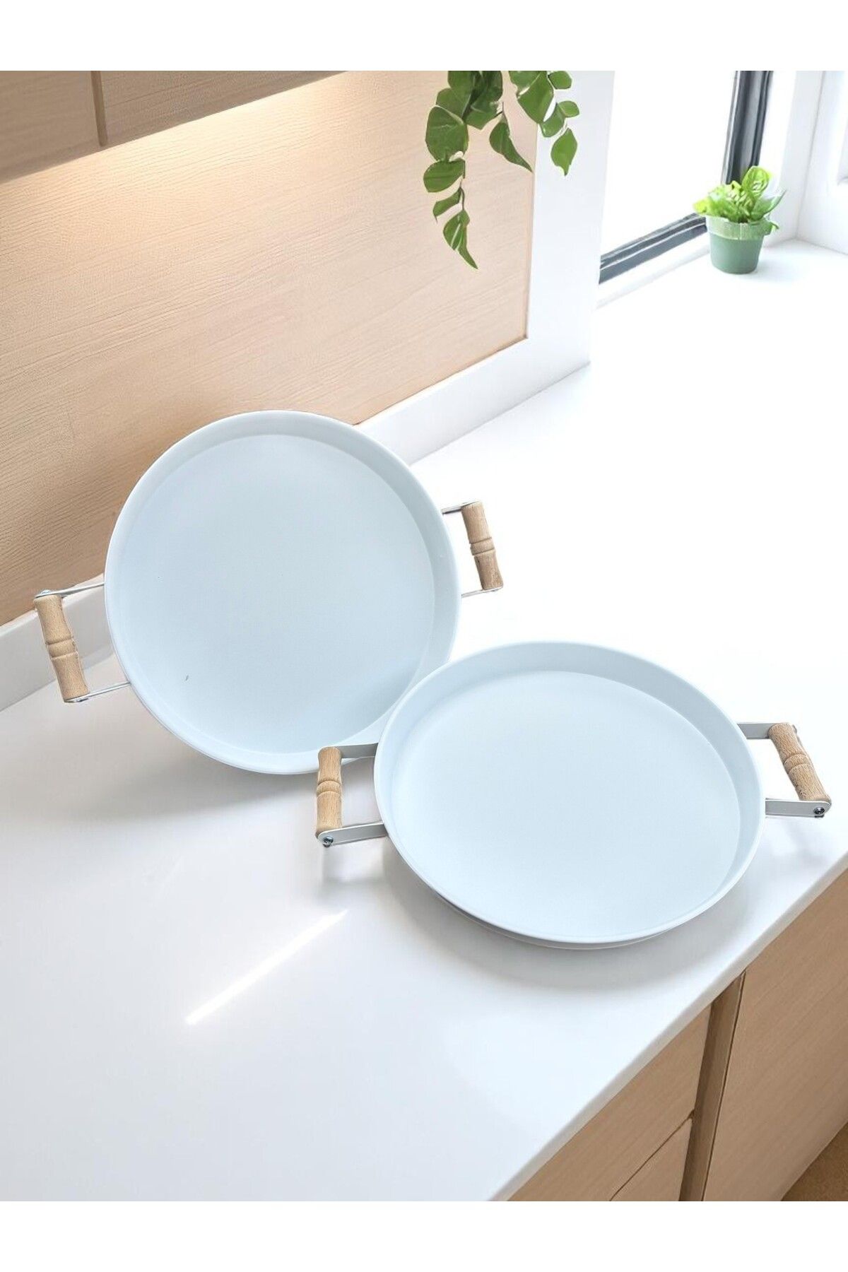 hemlife 2'Li (30/30 CM) Ahşap Kulplu Metal Tepsi Çay Tepsisi Kahve Tepsisi Sunum Tepsi Seti