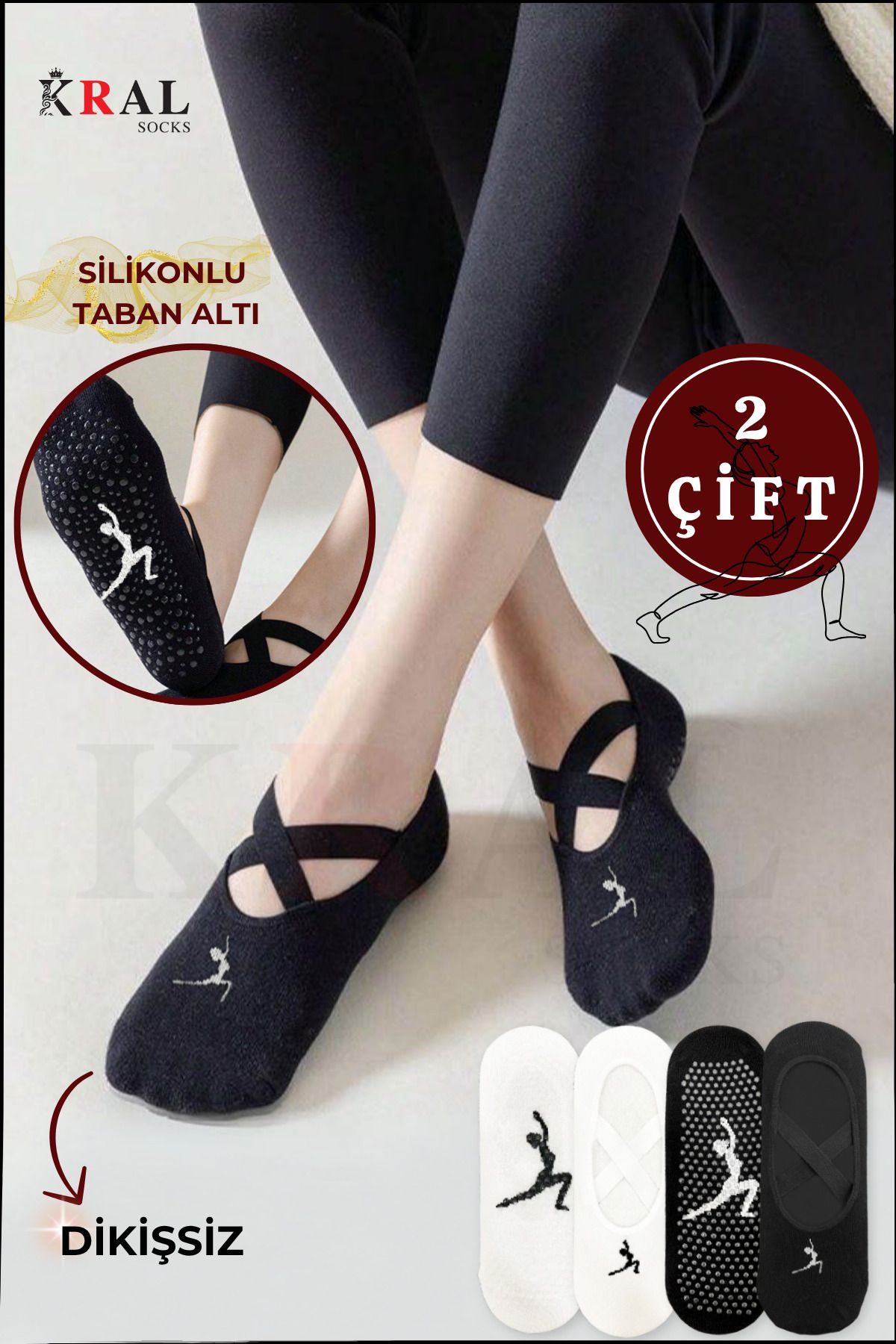 KRAL SOCKS Figürlü Pilates Çorabı Yoga ABS Kaydırmaz Silikon Taban Dans Bale Fitness Spor Çorabı 2'li Set