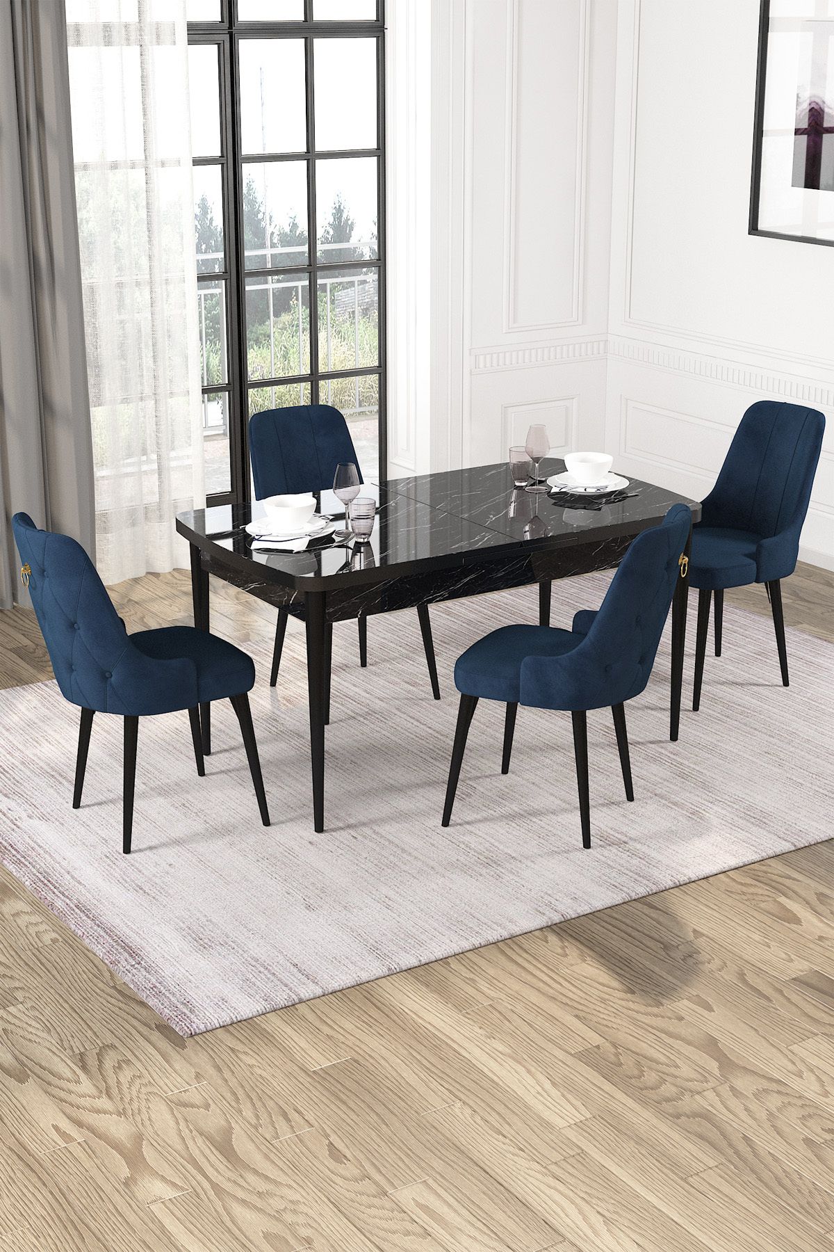 Hira Wessa Serisi 80x132 Açılabilir MDf SiyahMermer Desen Masa Takımı 4 Lacivert Sandalye