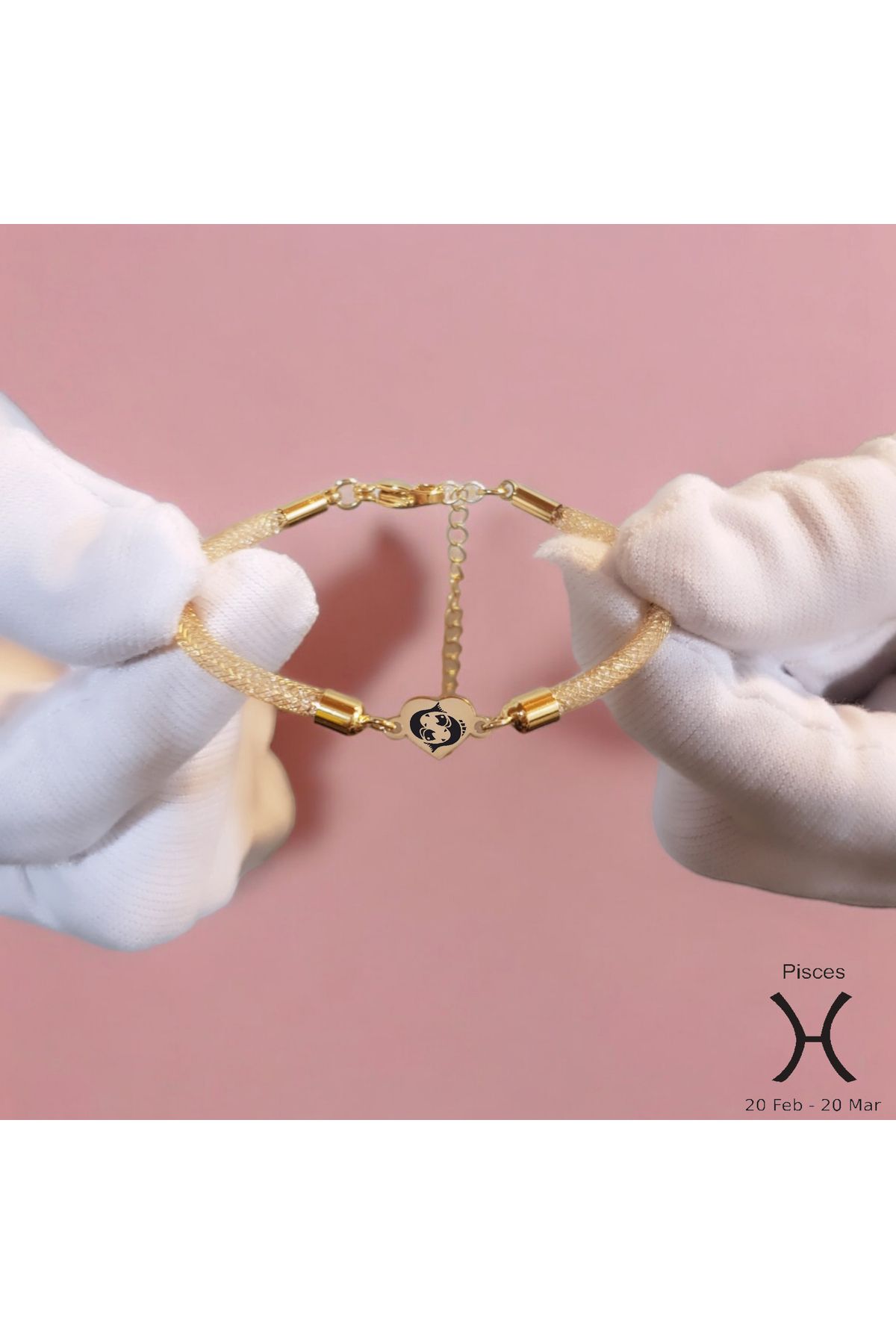 ARCHINO GOLD Balık Burçları İçin Kalp Figürlü Hasır Kordonlu 14 Ayar Altın Plakalı Hediye Bileklik-474burç-sw