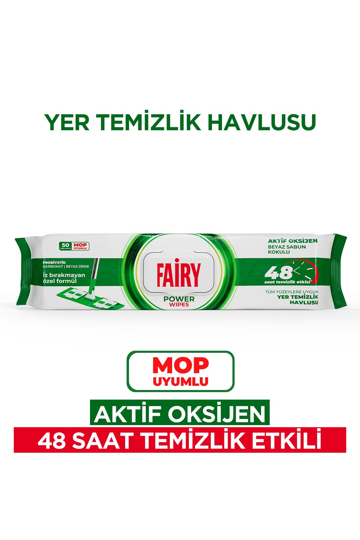 Fairy Power Wipes Mop Uyumlu Yer Temizlik Havlusu 50 Yaprak | Beyaz Sabun | Beyaz Sirke & Karbonat