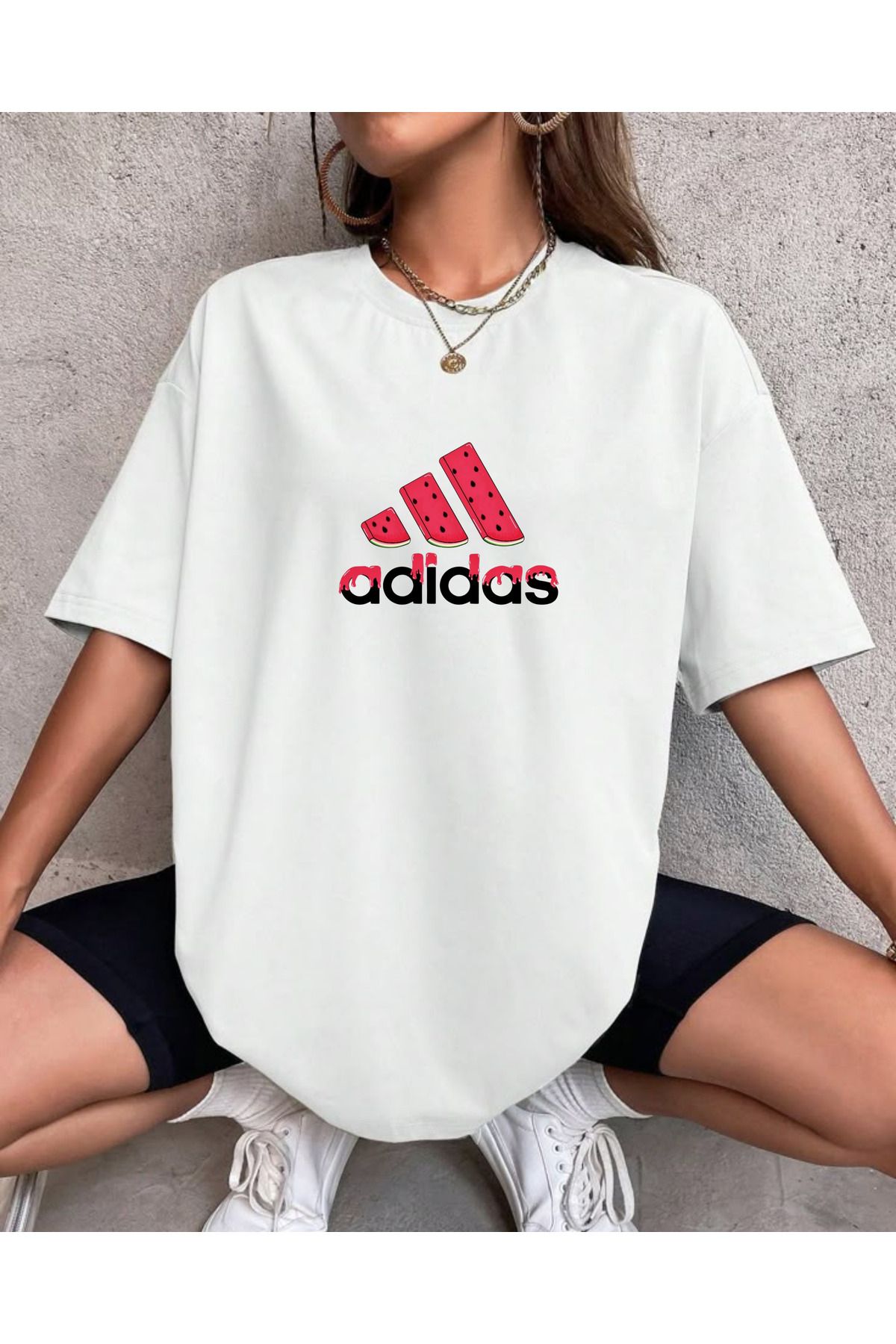 MELAS BASKI Pamuklu Oversize Karpuz Baskılı Beyaz Tshirt