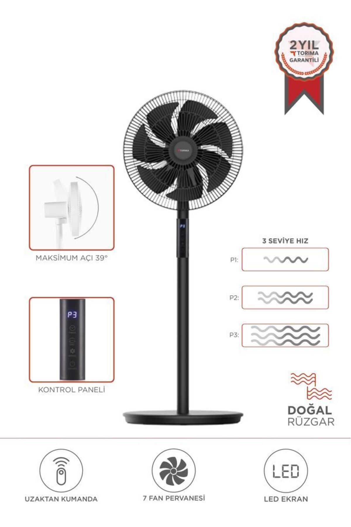 Torima SF-02 Siyah Ayaklı 16'' İnc 60W 3 Kademe 7 Pervaneli Kumandalı Diğital Ekranlı Vantilatör Fan