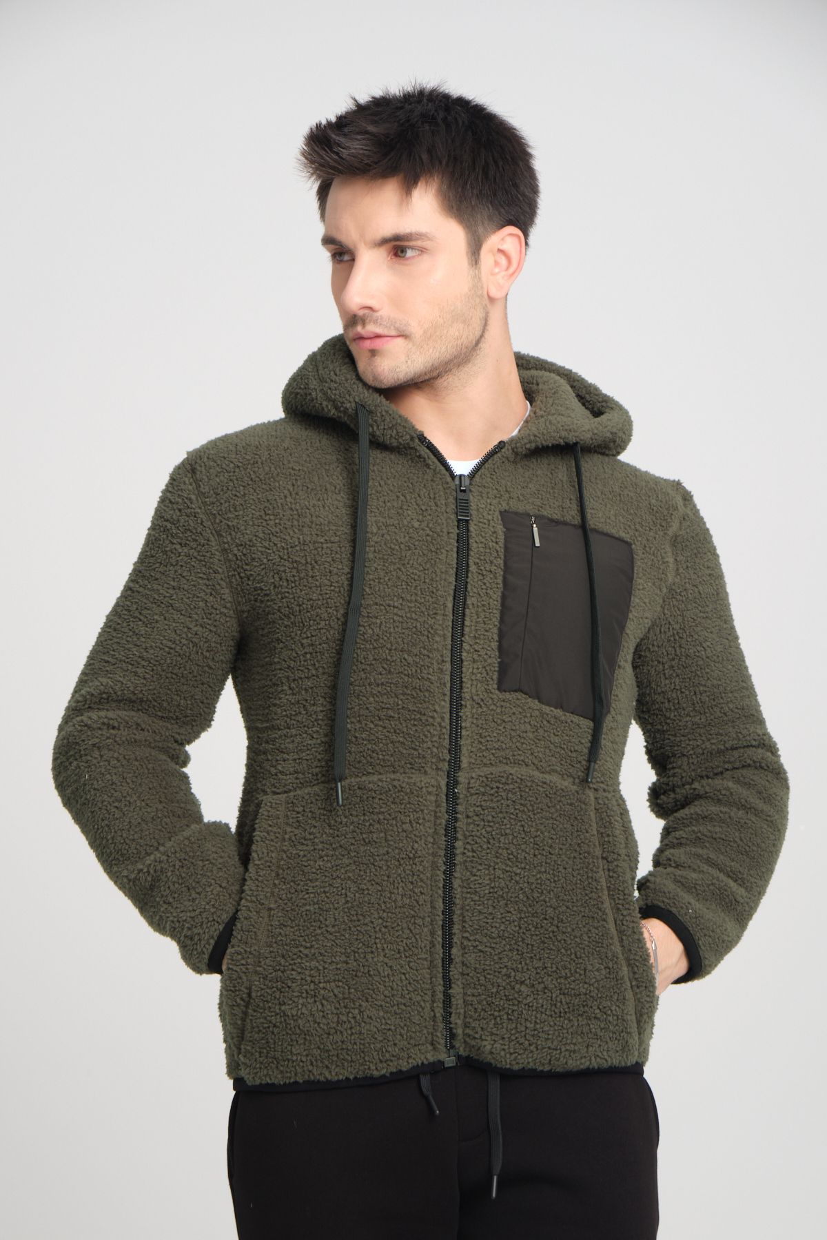 Tarz Cool Haki Fermuarlı Kapüşonlu Peluş Sweatshirt