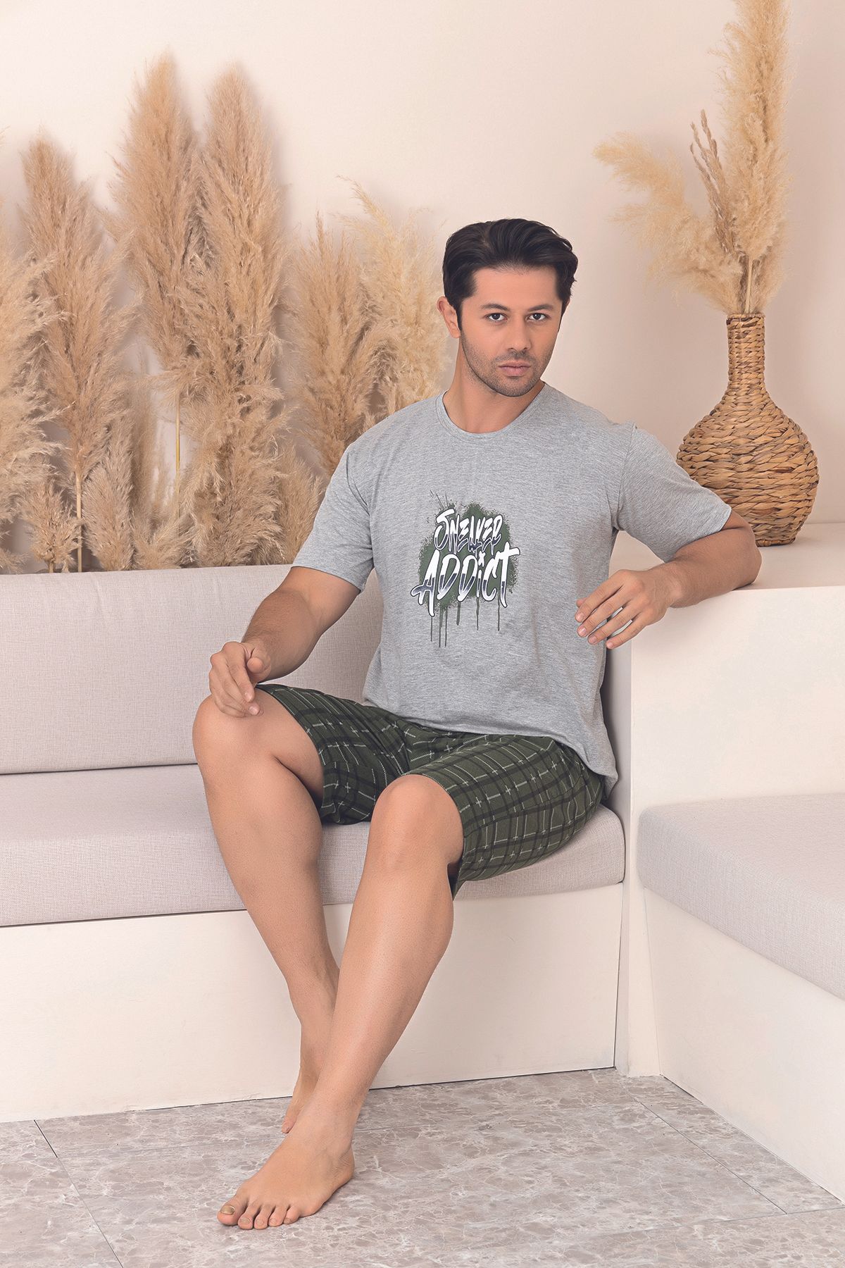 Sude HOMEWEAR ERKEK DESENLİ KISA KOL ŞORTLU PİJAMA TAKIMI