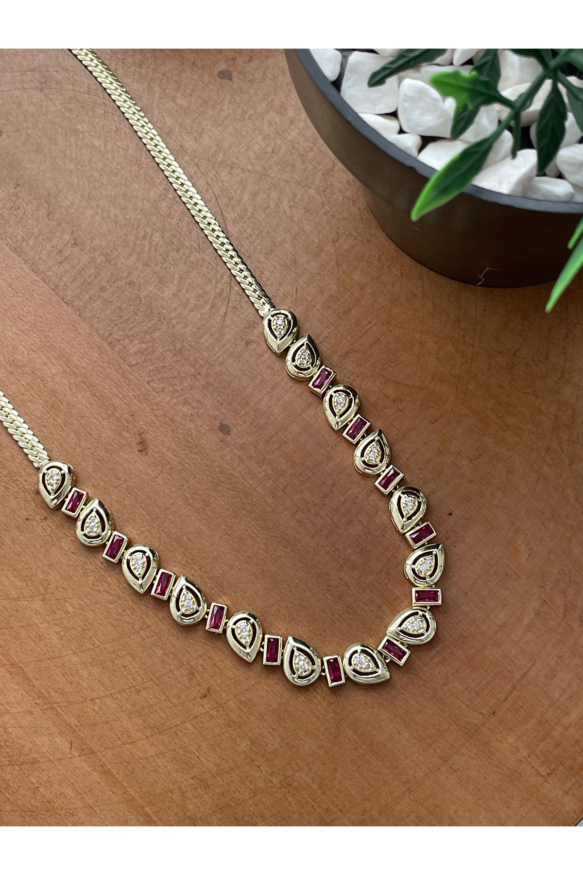 JELLY Kadın 14K Renkli Zirkon Taşlı Yakut Kırmızı Renk Damla Model Suyolu Tasarım Vip Kolye