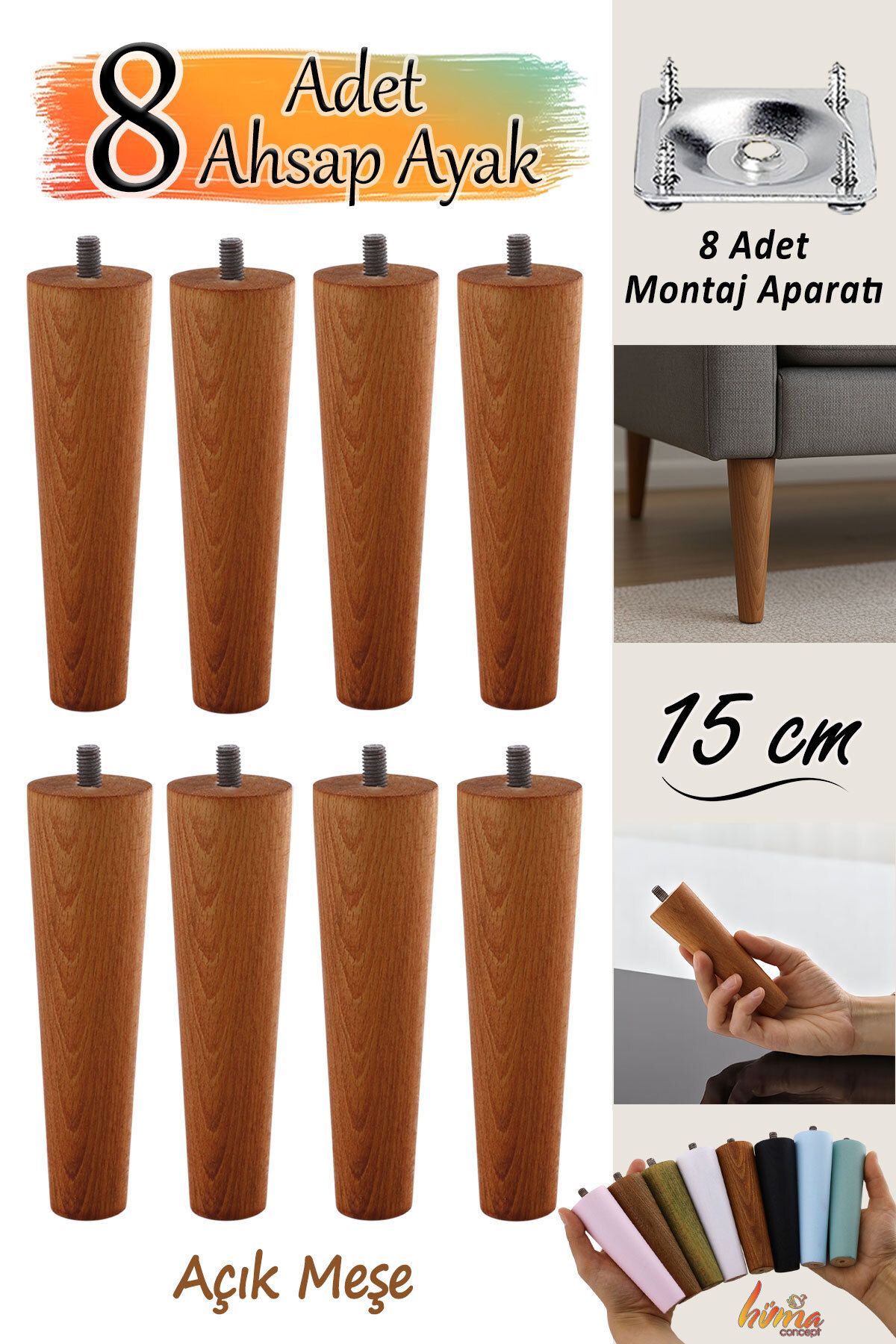 GLASWEN 8 Adet Ahşap Ayak 15 Cm Açık Meşe M8 Civatalı Bağlantı Aparatlı Mobilya Koltuk Kanepe Destek Ayağı