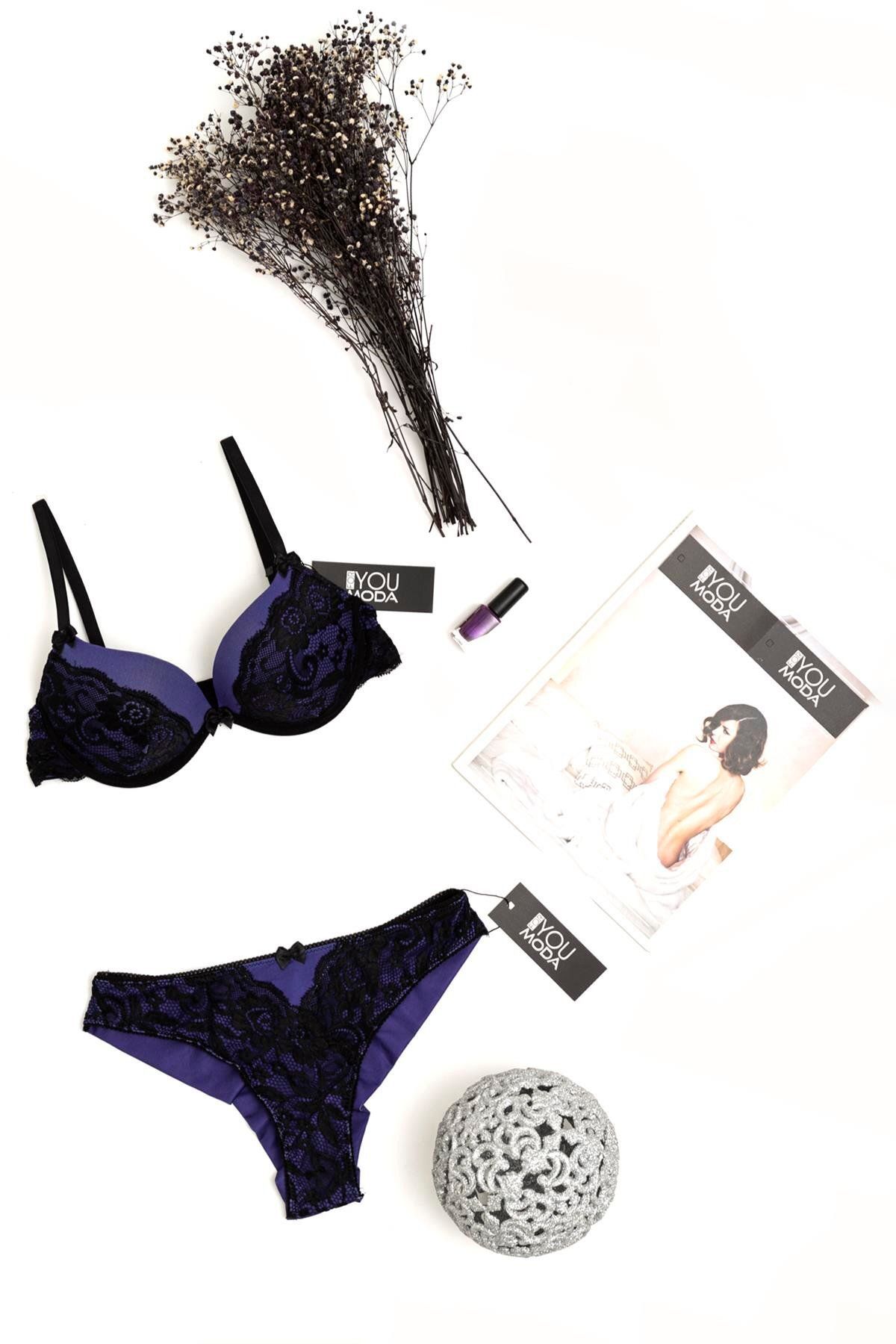 For You Lingerie Dantelli Destekli Mor Sütyen Takımı