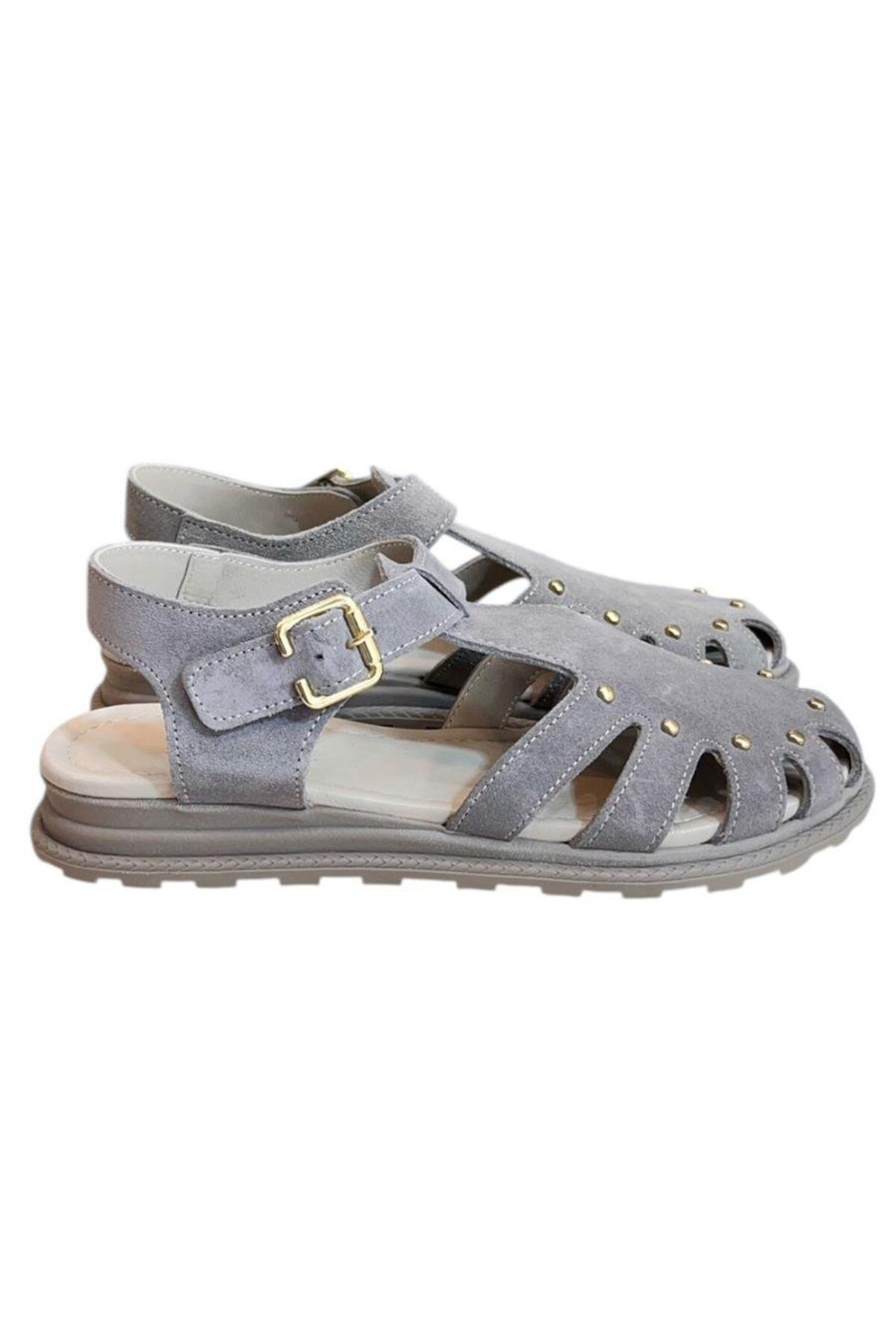 TUFAN SHOES Gri Hakiki Deri Süet Burnu Kapalı Arkası Açık Troklu Sandalet