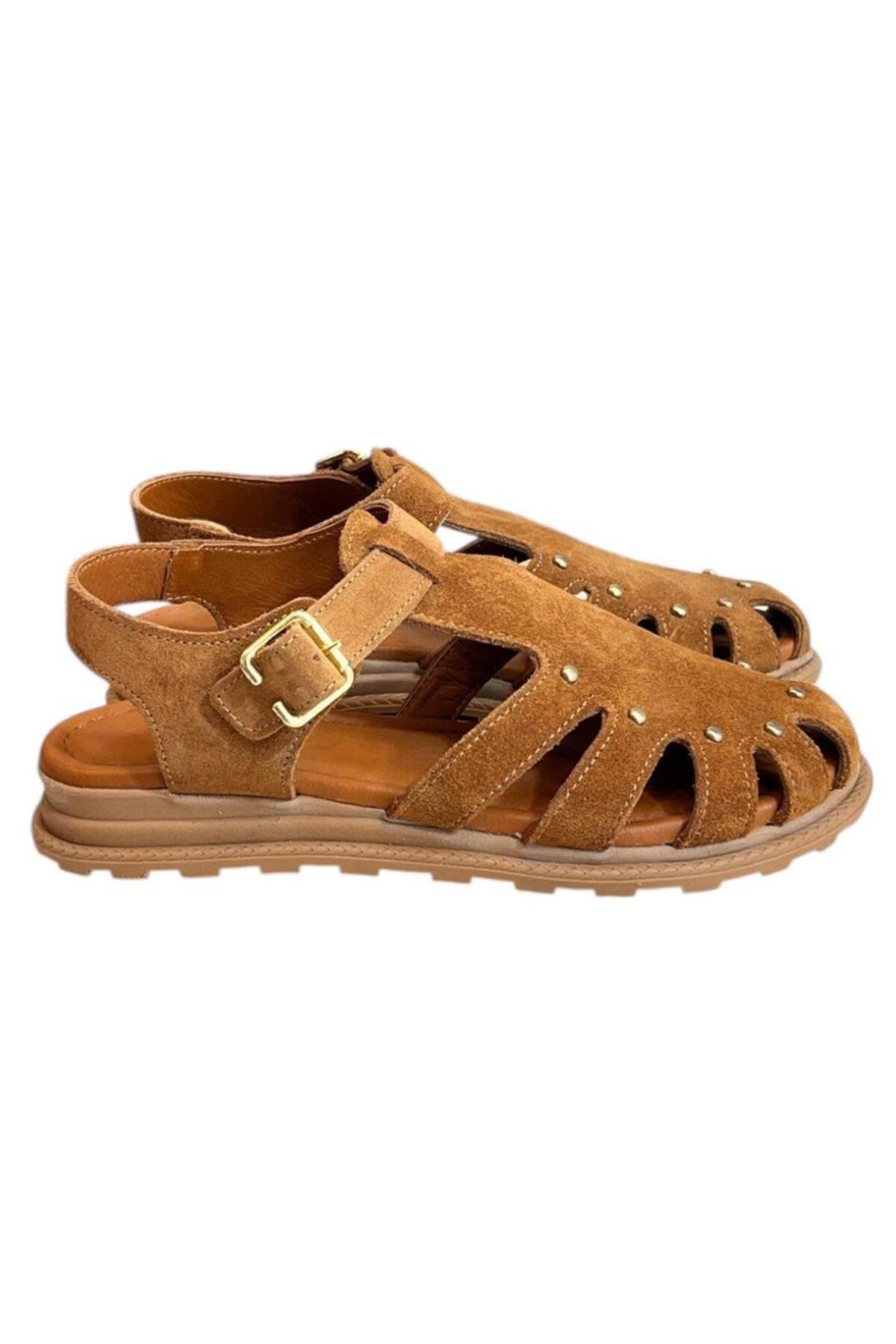 TUFAN SHOES Taba Hakiki Deri Süet Burnu Kapalı Arkası Açık Troklu Sandalet