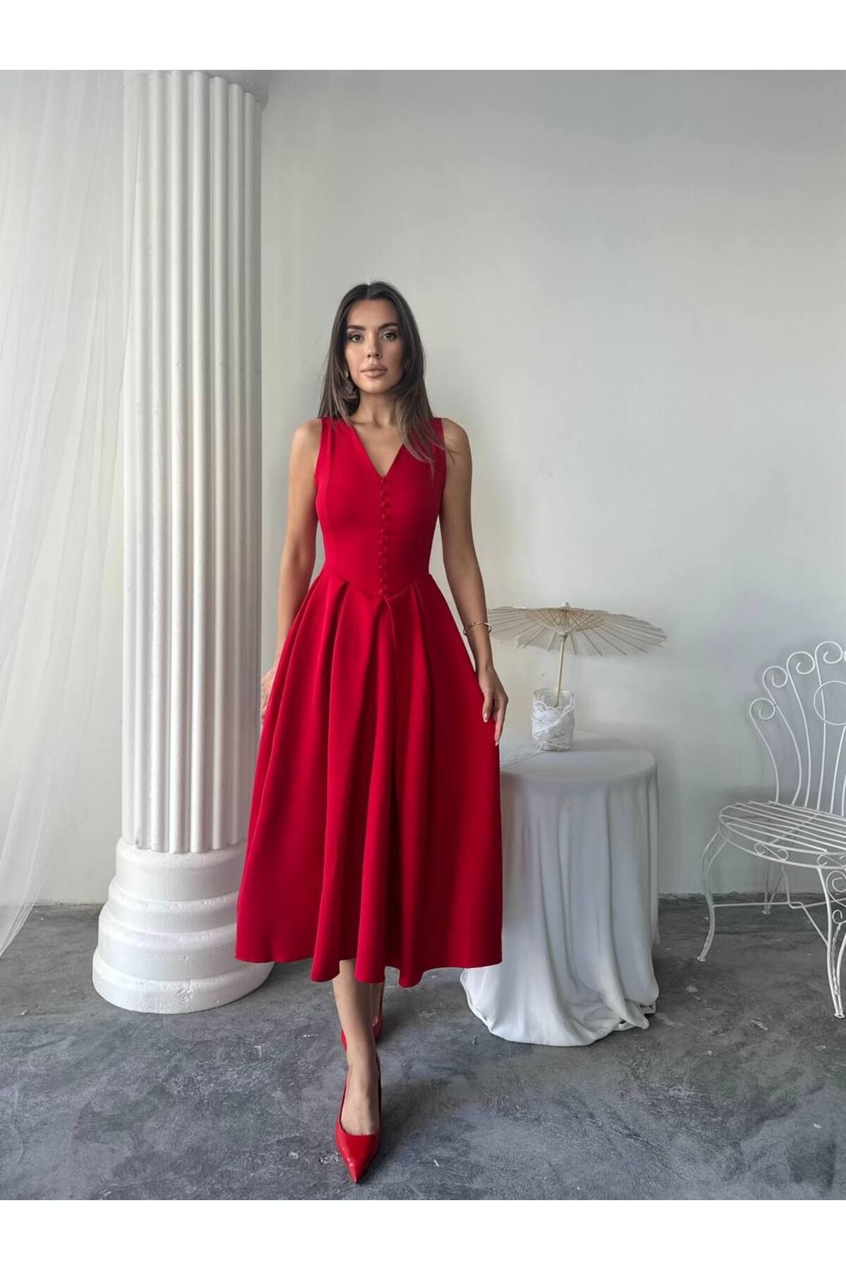 conconmoda Dore Piliseli Düğmeli Midi Elbise