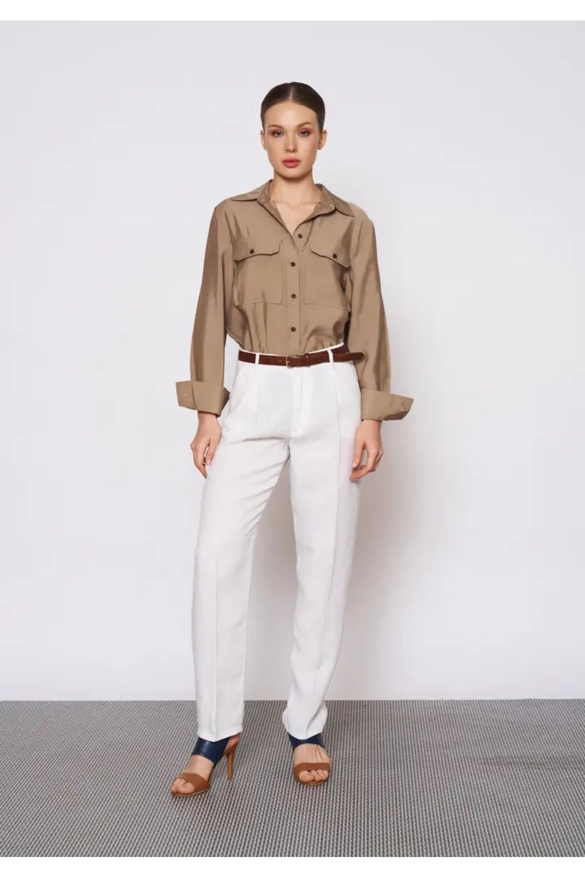 EUROFASHION Kemerli Klasik Beyaz Keten Pantolon