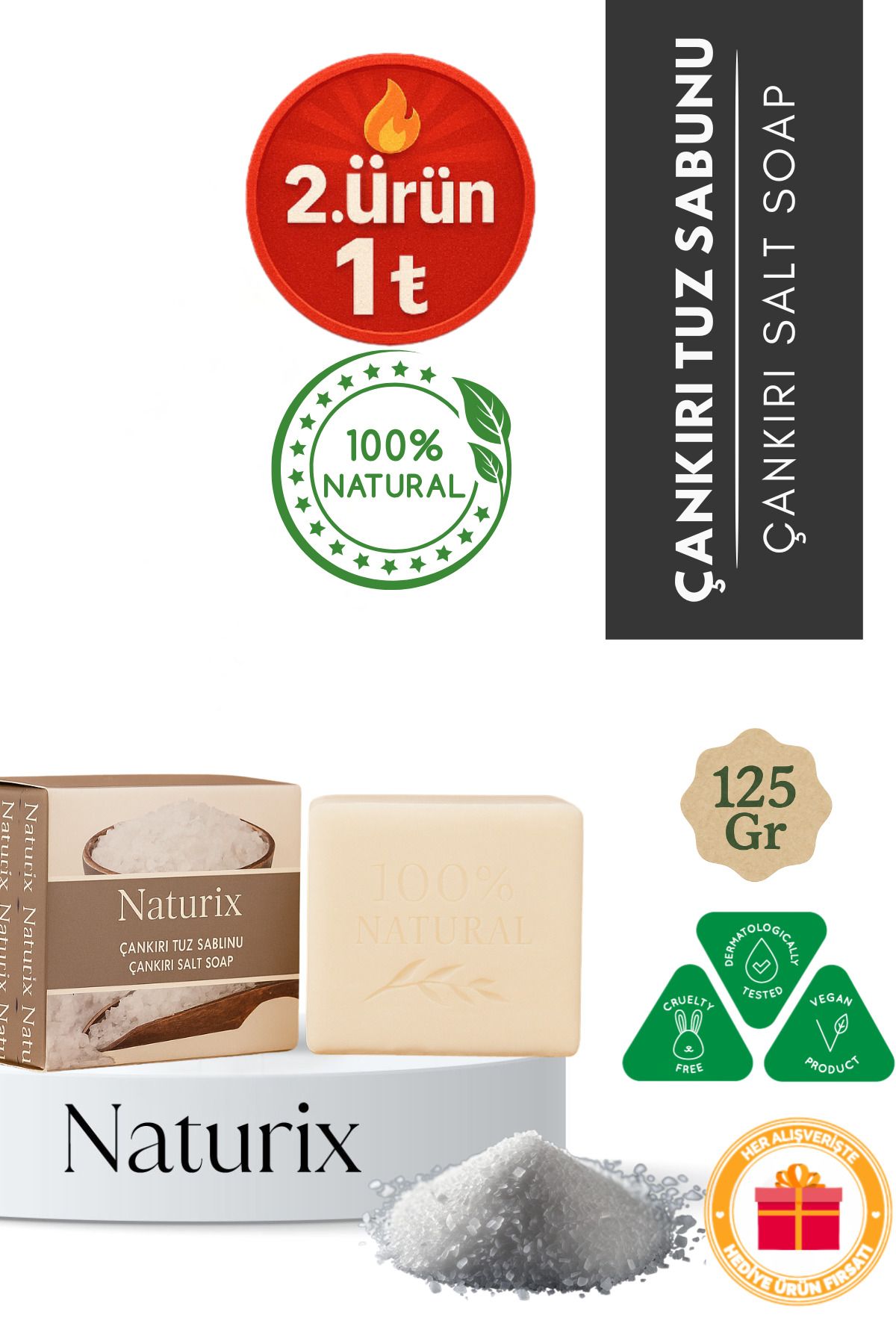 Naturix Çankırı Tuz Sabunu 125 gr | Arındırıcı, Gözenek Sıkılaştırıcı ve Ferahlatıcı Cilt Bakımı Sabunu