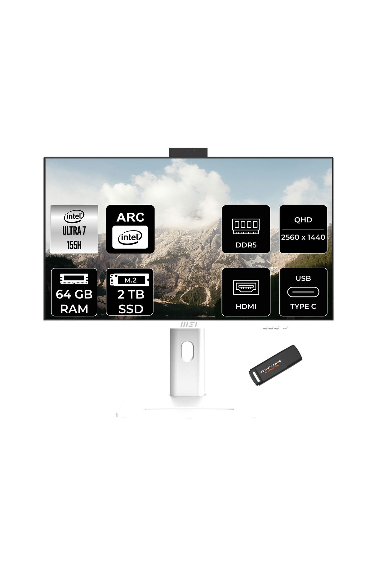 MSI Modern AM273QP AI Ultra 7 155H 64GB 2TB SSD 27" WQHD 100Hz FDOS All in One Bilgisayar & USB