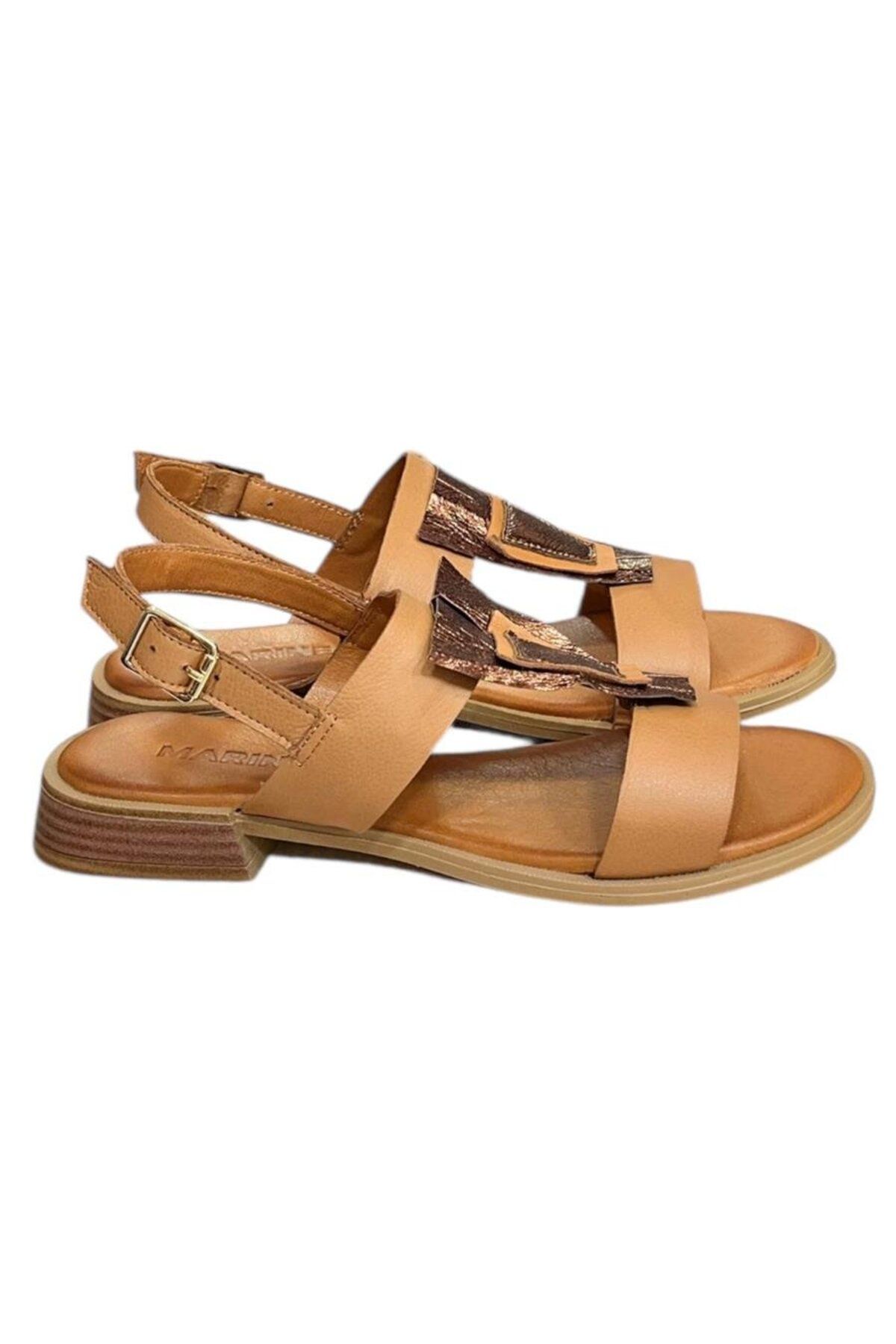 TUFAN SHOES Taba Hakiki Deri Çift Bantlı Yumuşak Taban Comfort Sandalet