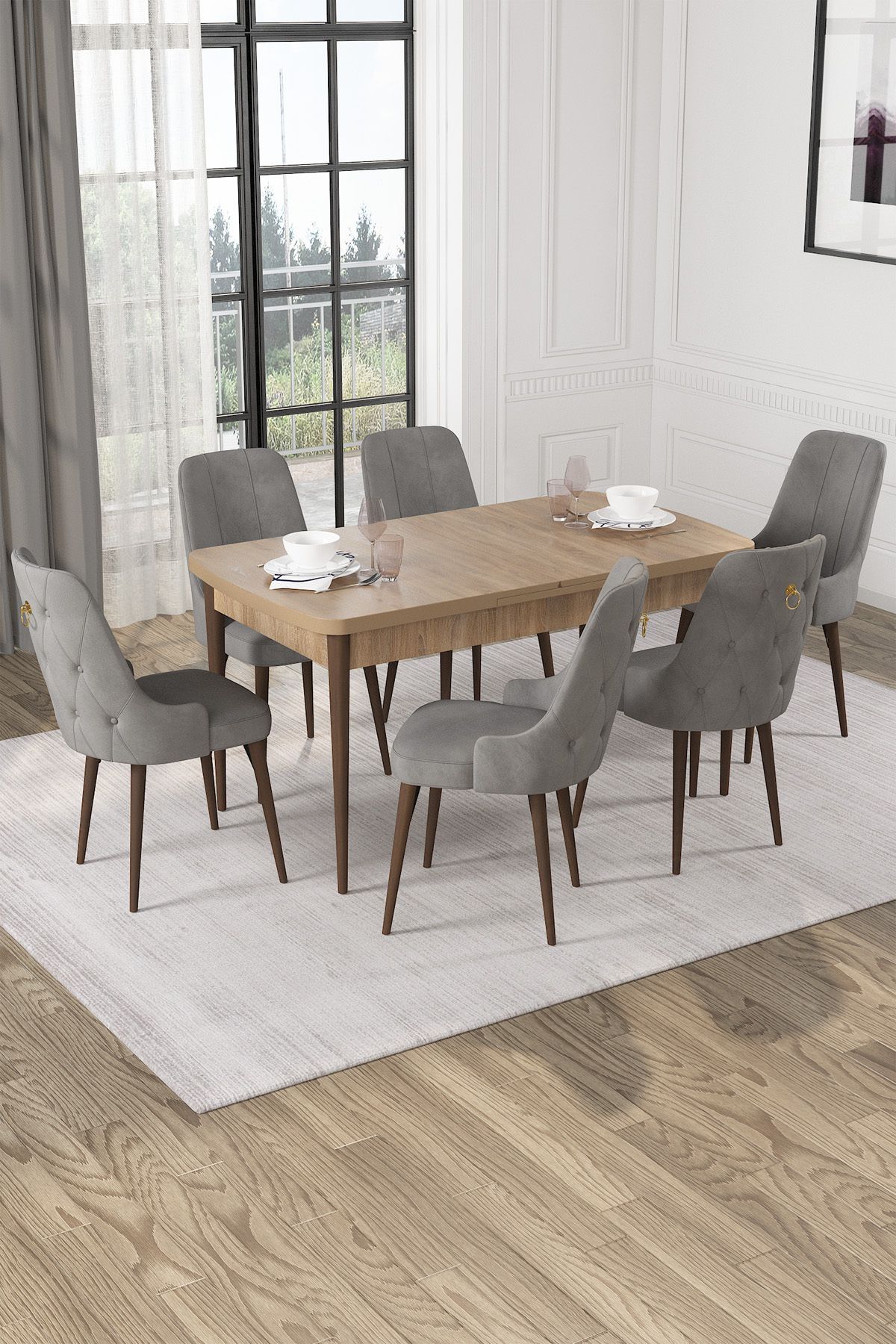 Hira Wessa Serisi 80x132 Açılabilir MDF Meşe Masa Takımı 6 Gri Sandalye Kahve Ayak